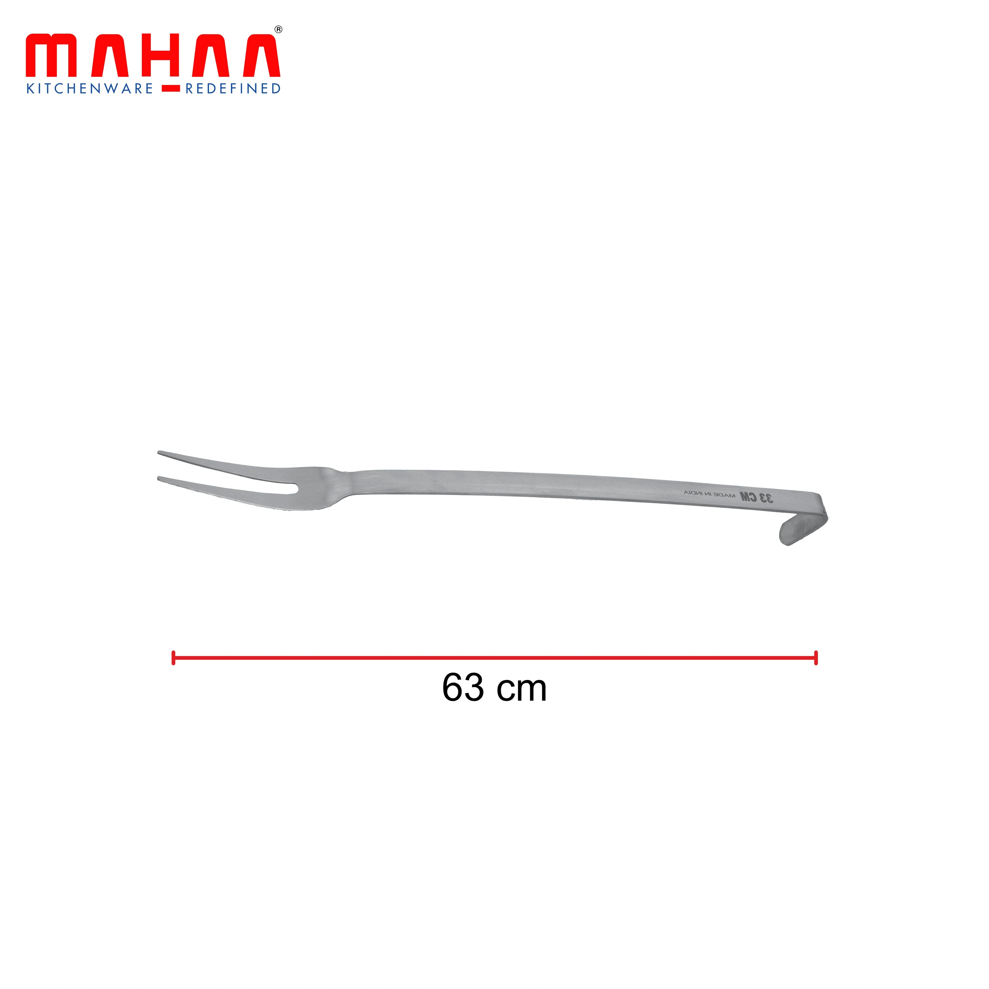 MAHAA Stainless Steel Basting Fork – Stainless Steel Two-Tine Fork | Matt Finish | Hanging Hook | Ideal for Meat, Tandoori, Barbeque | 32/38/53 CM