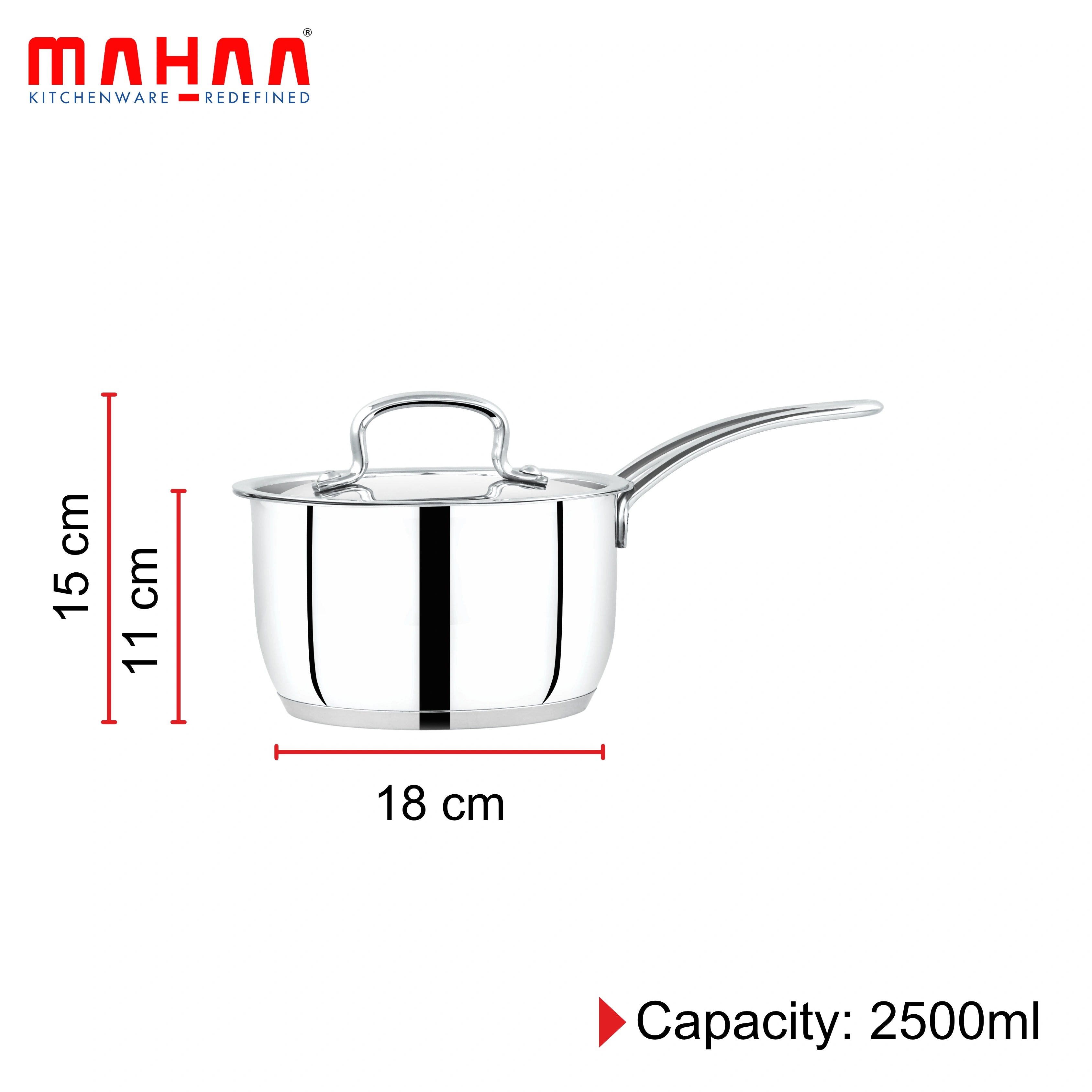 MAHAA Avanti Stainless Steel Sauce Pan – Premium Quality with Snug-Fit Lid | Tri Ply Base | Non-stick | Gas & Induction Compatible | Cool-Touch Handle | 1.2L to 3.6L | Free ₹300 SS Water Bottle