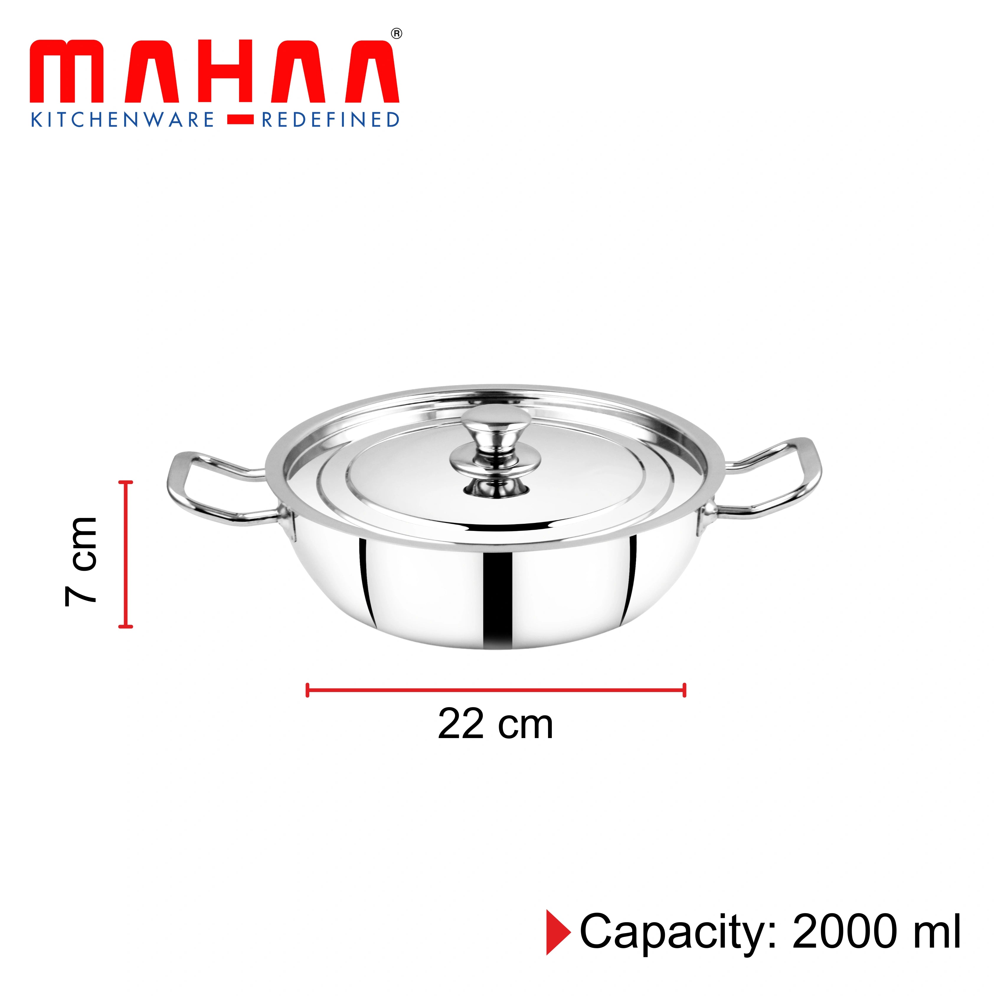 MAHAA Classic Stainless Steel Kadai + Lid | Cook & Saute Curries, Dal, Pasta, Frying | Gas & Induction Compatible | Cool Touch Handle and Knob | 22CM / 24CM