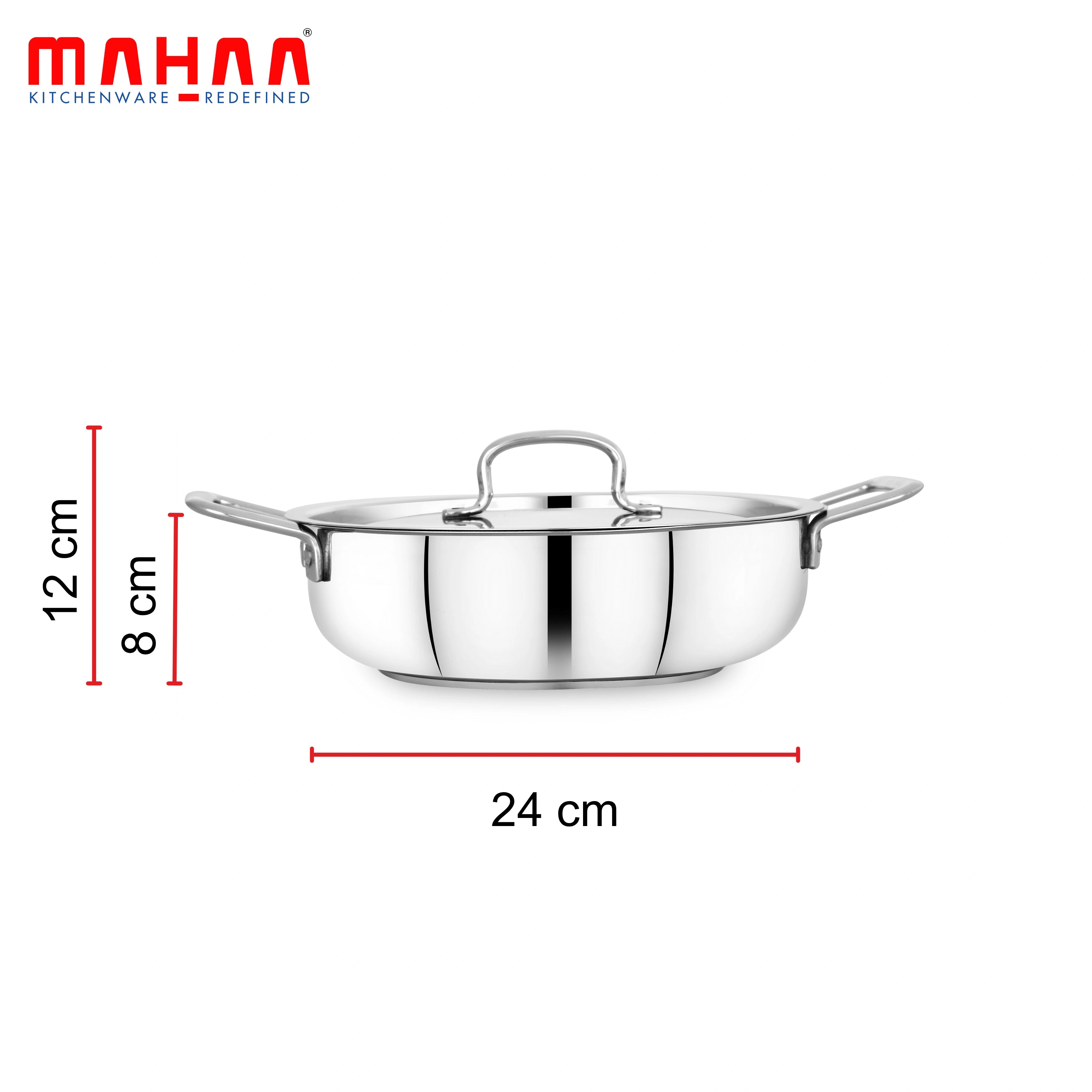 MAHAA Avanti Stainless Steel Kadai – Premium Quality with Snug-Fit Lid | Tri Ply Base | Non-stick | Gas & Induction Compatible | Cool-Touch Handle | 1.2L to 4.7L | Free ₹300 SS Water Bottle