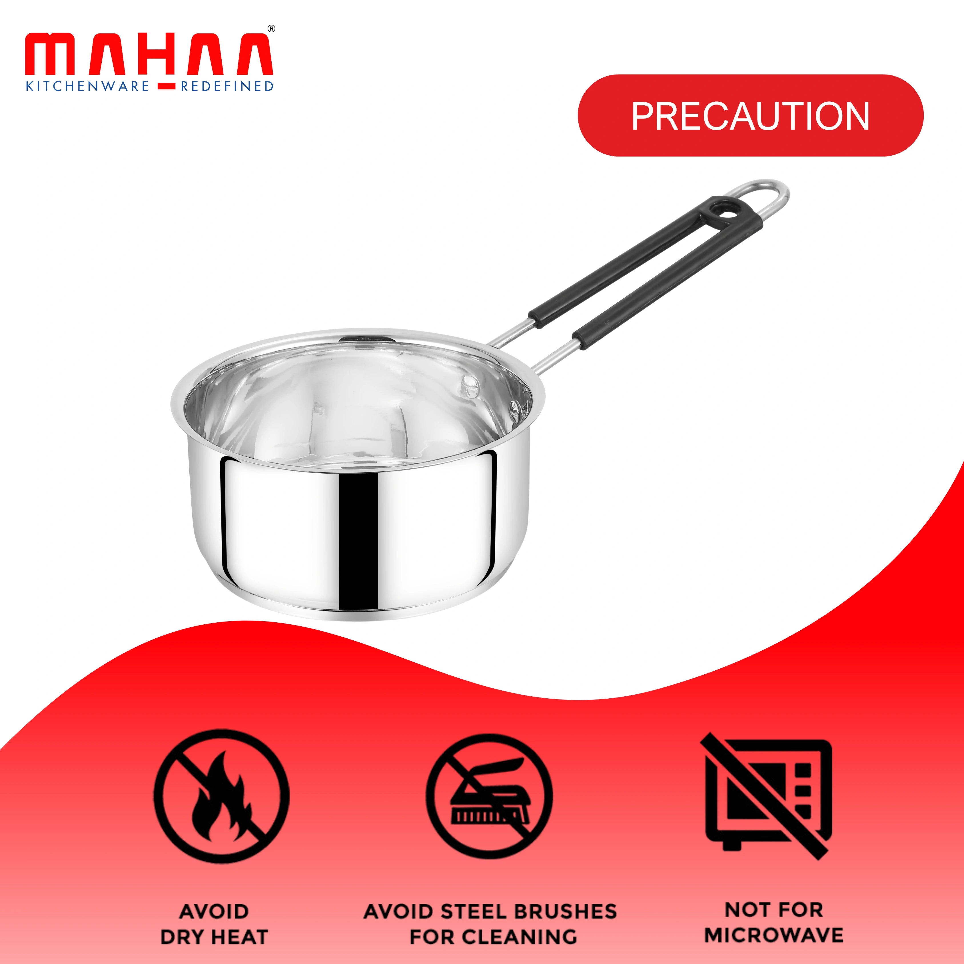 MAHAA Utena Stainless Steel Sauce Pan – Tea, Milk, Soup, Maggie Pan | Tri Ply Base | Non-stick | Gas & Induction Compatible | StayCool+ Handle | 14cm / 16cm / 18cm / 20cm