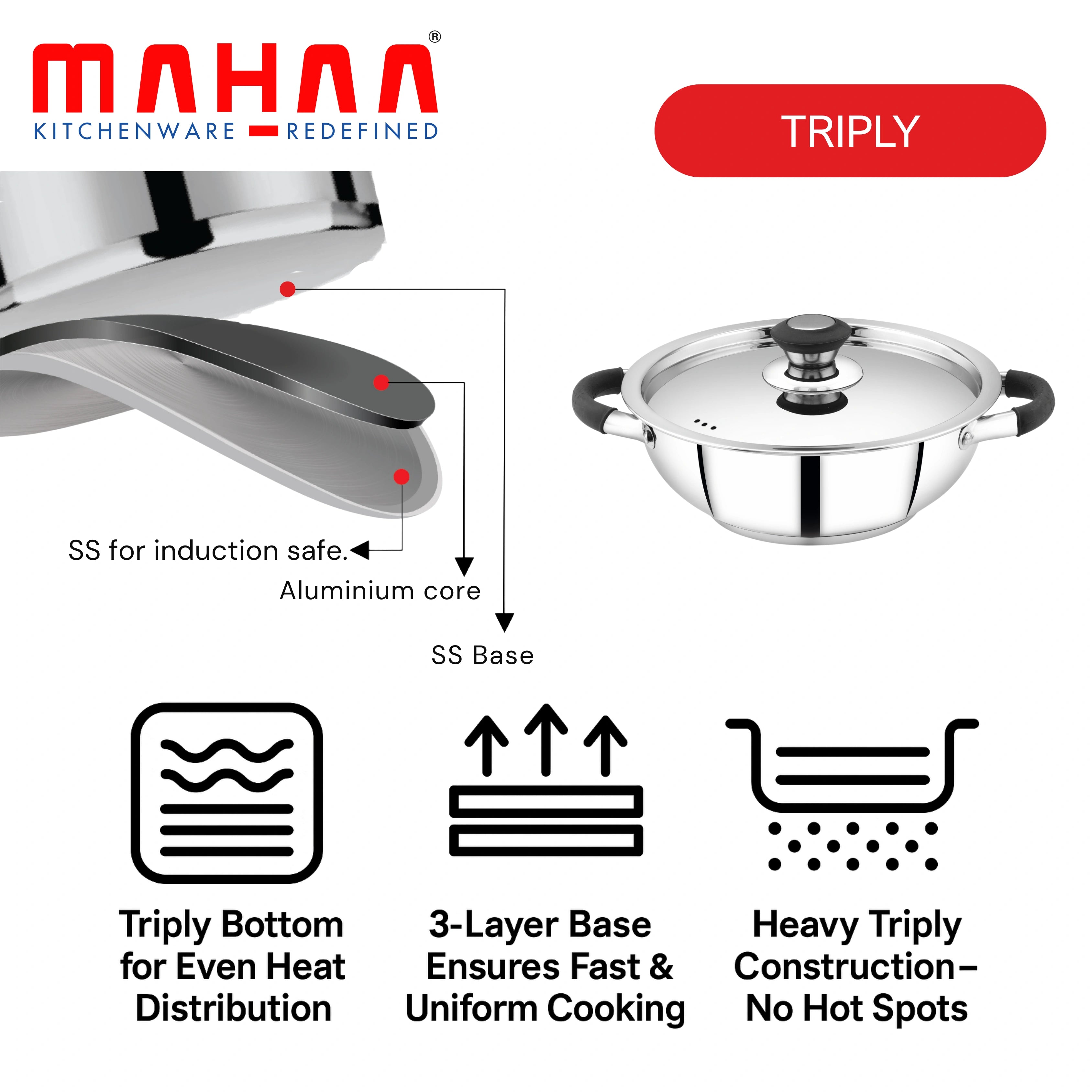 MAHAA Chroma Stainless Steel Kadai + Lid – Cook Curries, Dal, Rice| Easy Clean | Tri Ply Base | Non-stick | Gas & Induction Compatible | StayCool+ Handle and Knob | 4.5L / 6.1L
