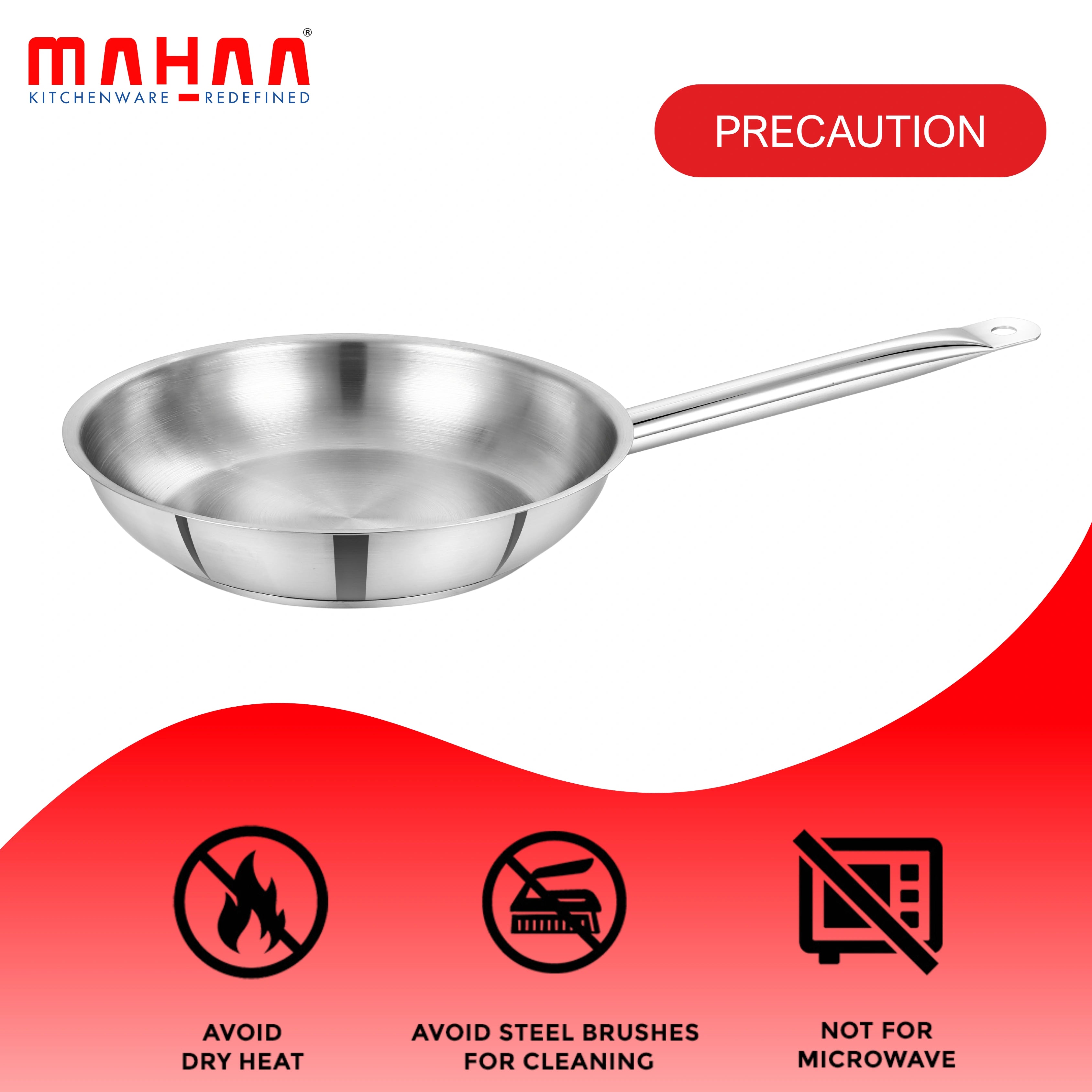MAHAA Stainless Steel Professional Fry Pan – Scratch-Resistant Body | Heavy-Duty Stainless Steel | Tri Ply Base | Gas &  Induction Compatible | Cool-Touch Handle | 20/24/26/28/30/32 cm