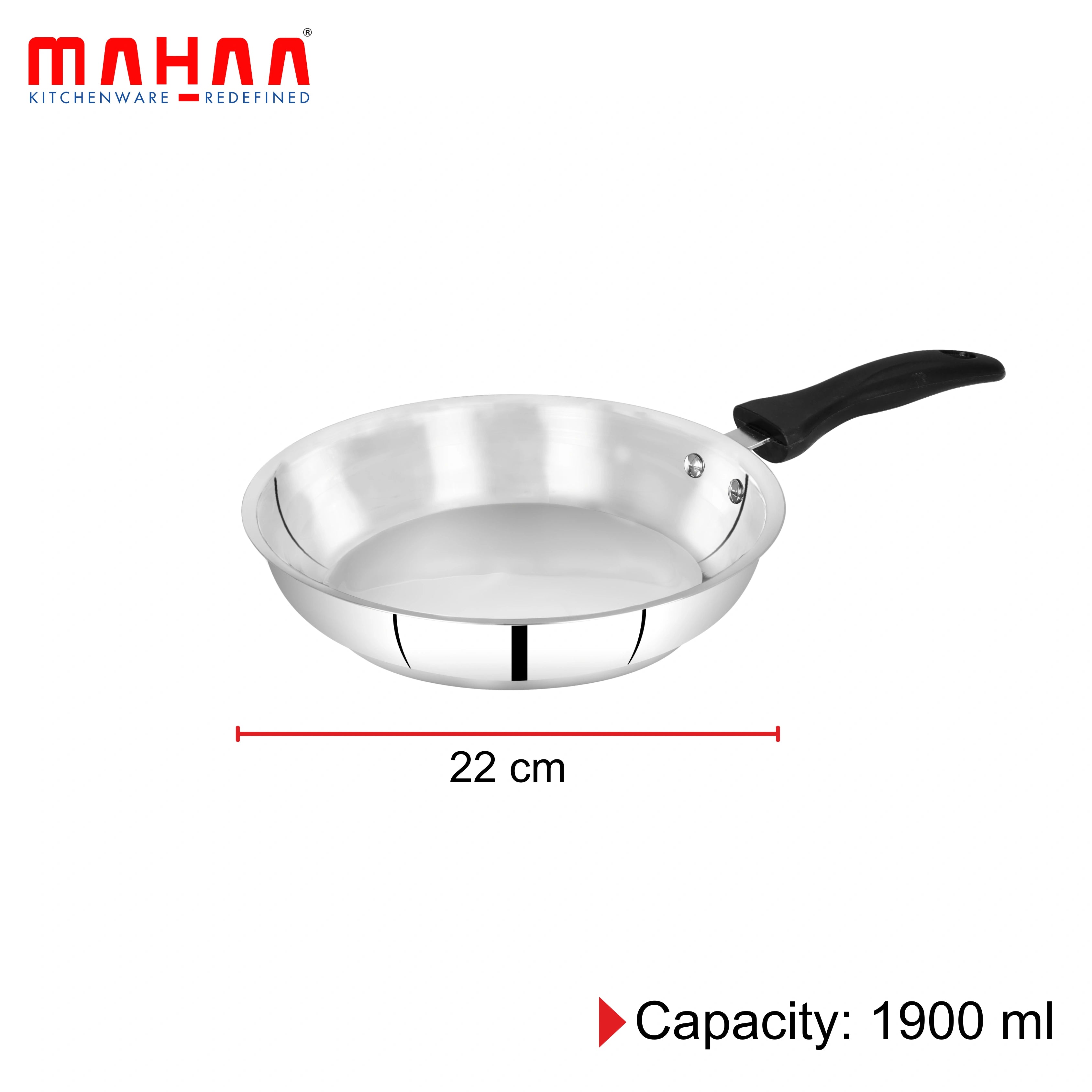 MAHAA Zen Stainless Steel Fry Pan + Lid 22 cm - Cook & Saute Curries, Dal, Pasta | Tri Ply Base | Non-stick | Gas & Induction Compatible | StayCool+ Handle and Knob| Easy Clean