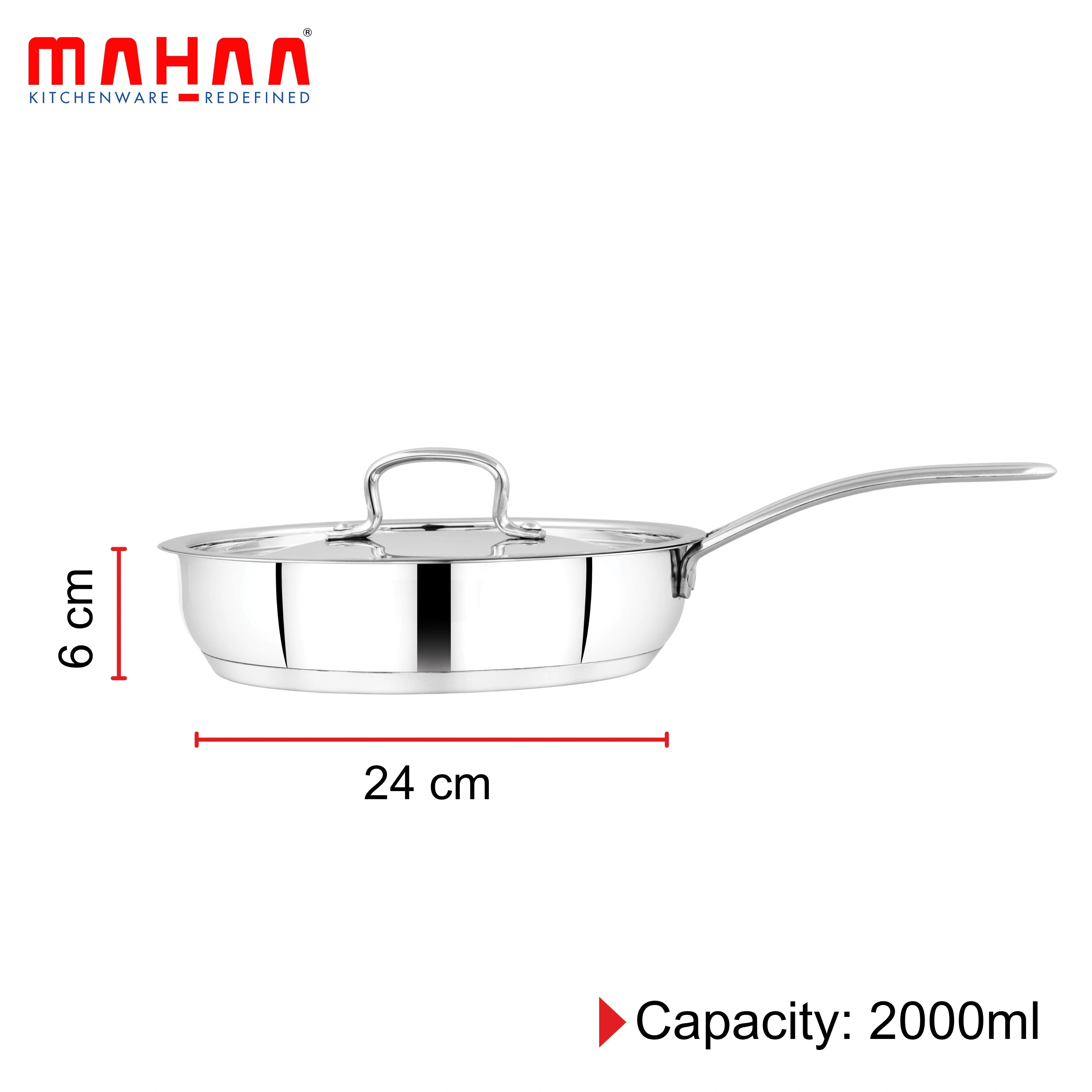 MAHAA Avanti Stainless Steel Fry Pan – Premium Quality with Snug-Fit Lid | Tri Ply Base | Non-stick | Gas & Induction Compatible | Cool-Touch Handle | 1.2L to 2L | Free ₹300 SS Water Bottle