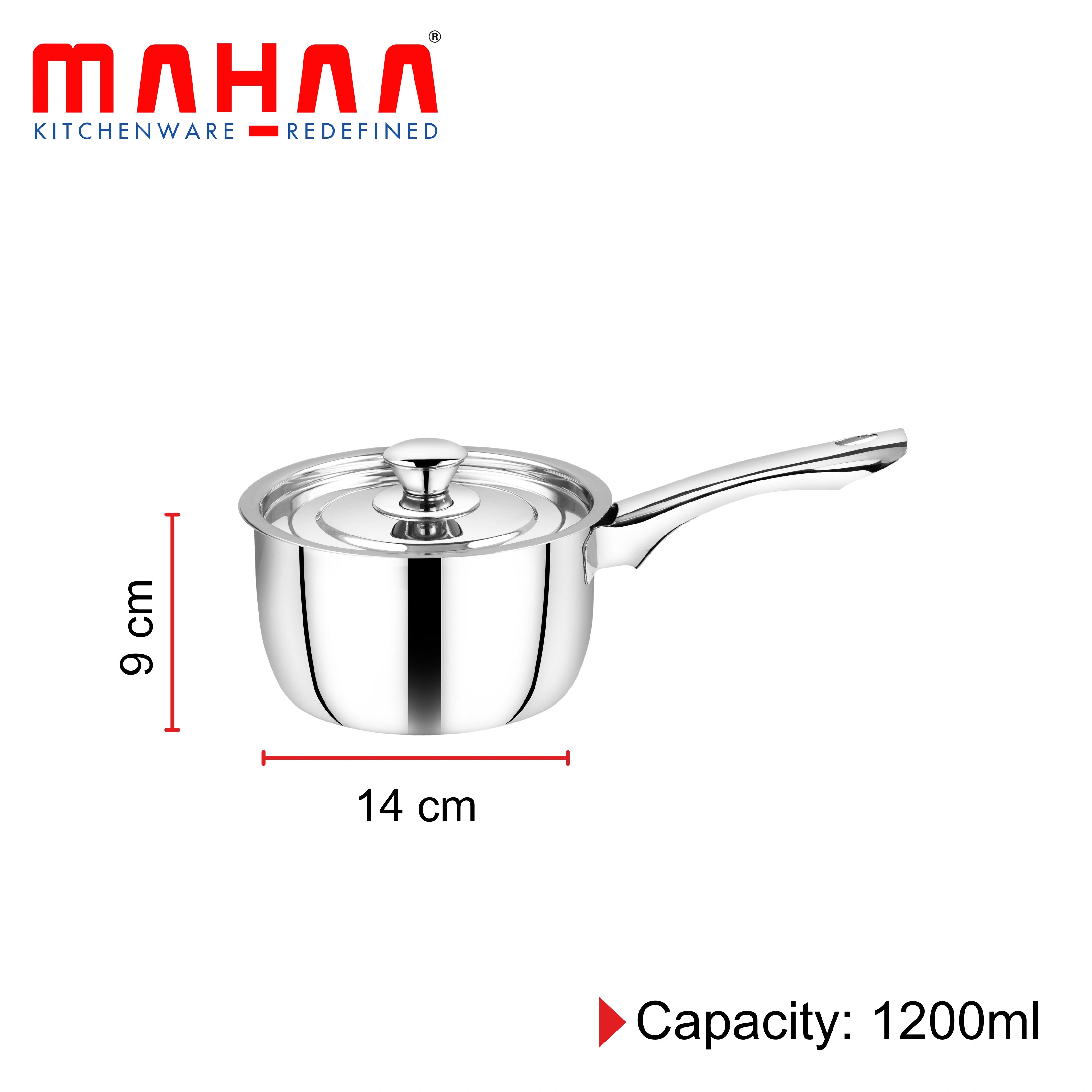 MAHAA Classic Stainless Steel Sauce Pan + Lid | Cook & Saute Curries, Dal, Pasta | Gas & Induction Compatible | Cool Touch Handle and Knob | 14CM / 16CM / 18CM / 20CM