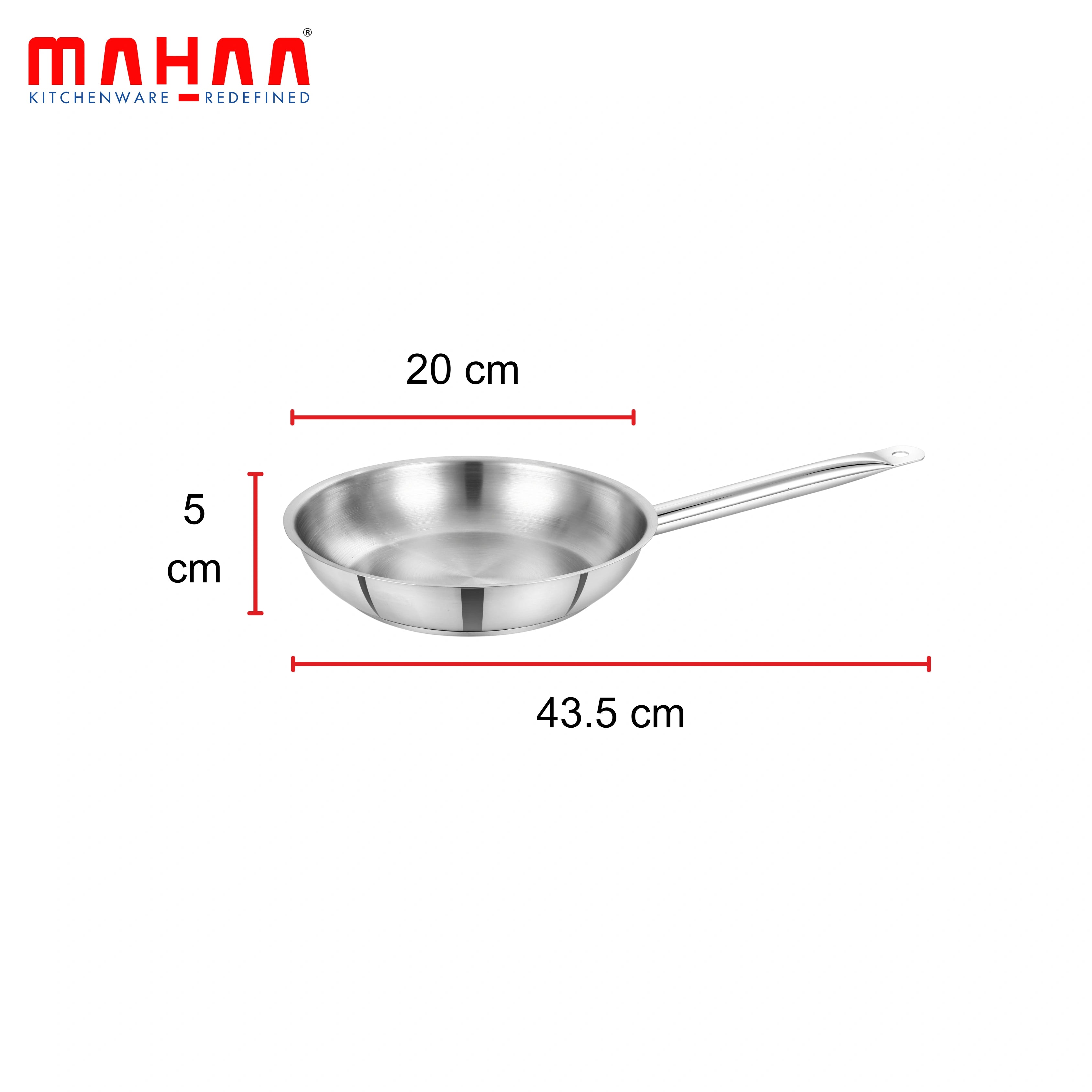 MAHAA Stainless Steel Professional Fry Pan – Scratch-Resistant Body | Heavy-Duty Stainless Steel | Tri Ply Base | Gas &  Induction Compatible | Cool-Touch Handle | 20/24/26/28/30/32 cm
