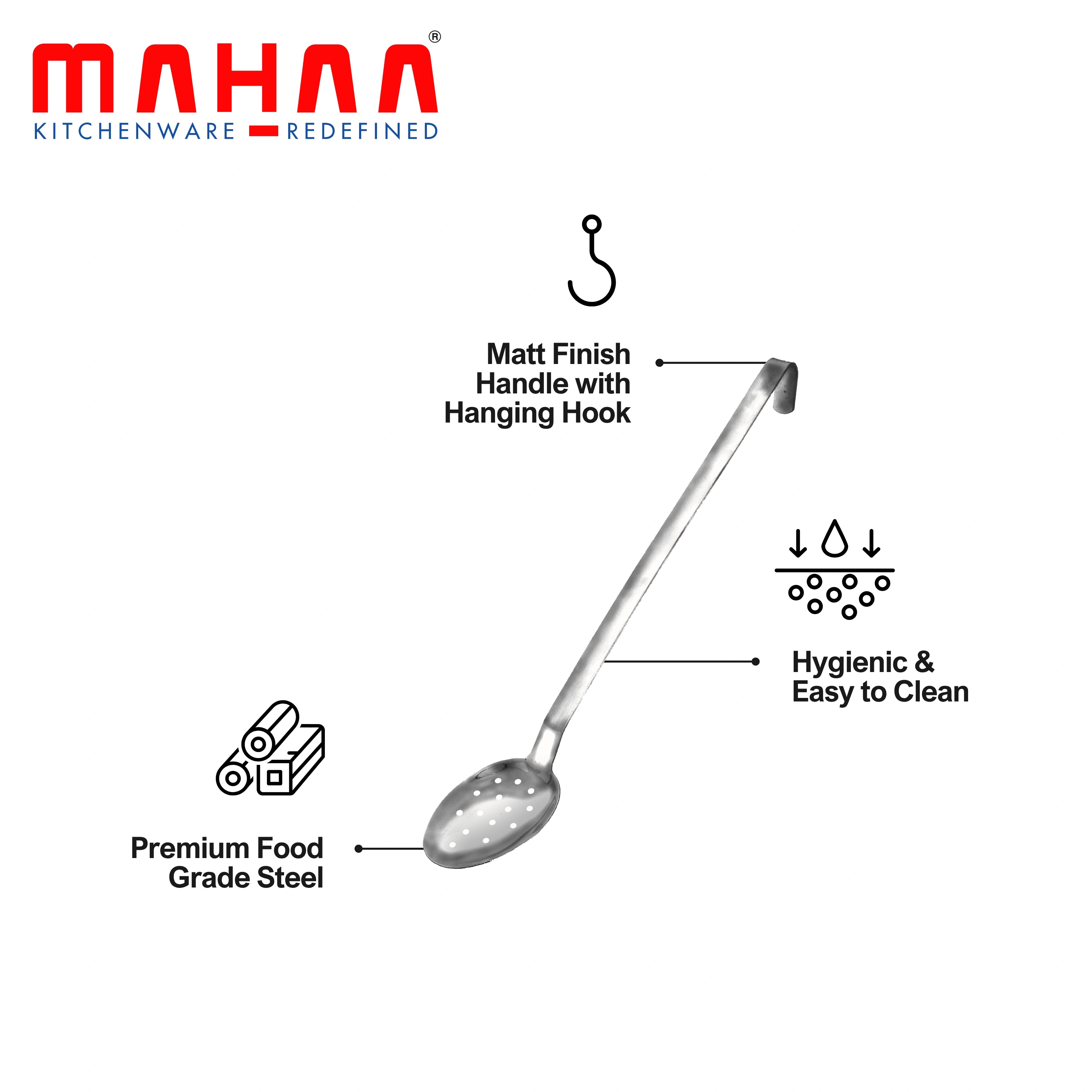 MAHAA Stainless Steel Basting Skimmer – Professional Stainless Steel Tool | Matt Finish | Long Handle with Hanging Hook | Ideal for Hotel & Catering Use | 33/38/52 CM