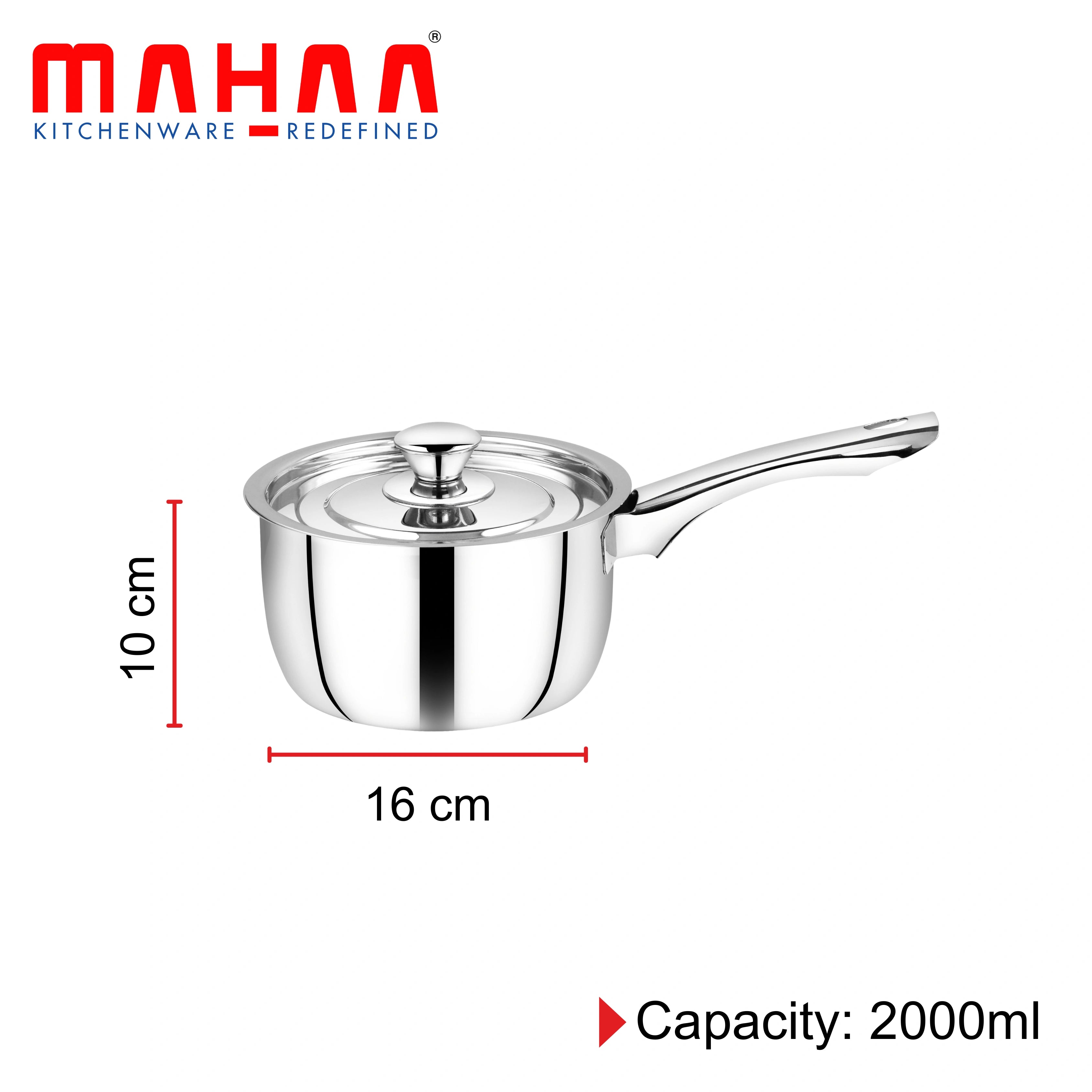 MAHAA Classic Stainless Steel Sauce Pan + Lid | Cook & Saute Curries, Dal, Pasta | Gas & Induction Compatible | Cool Touch Handle and Knob | 14CM / 16CM / 18CM / 20CM