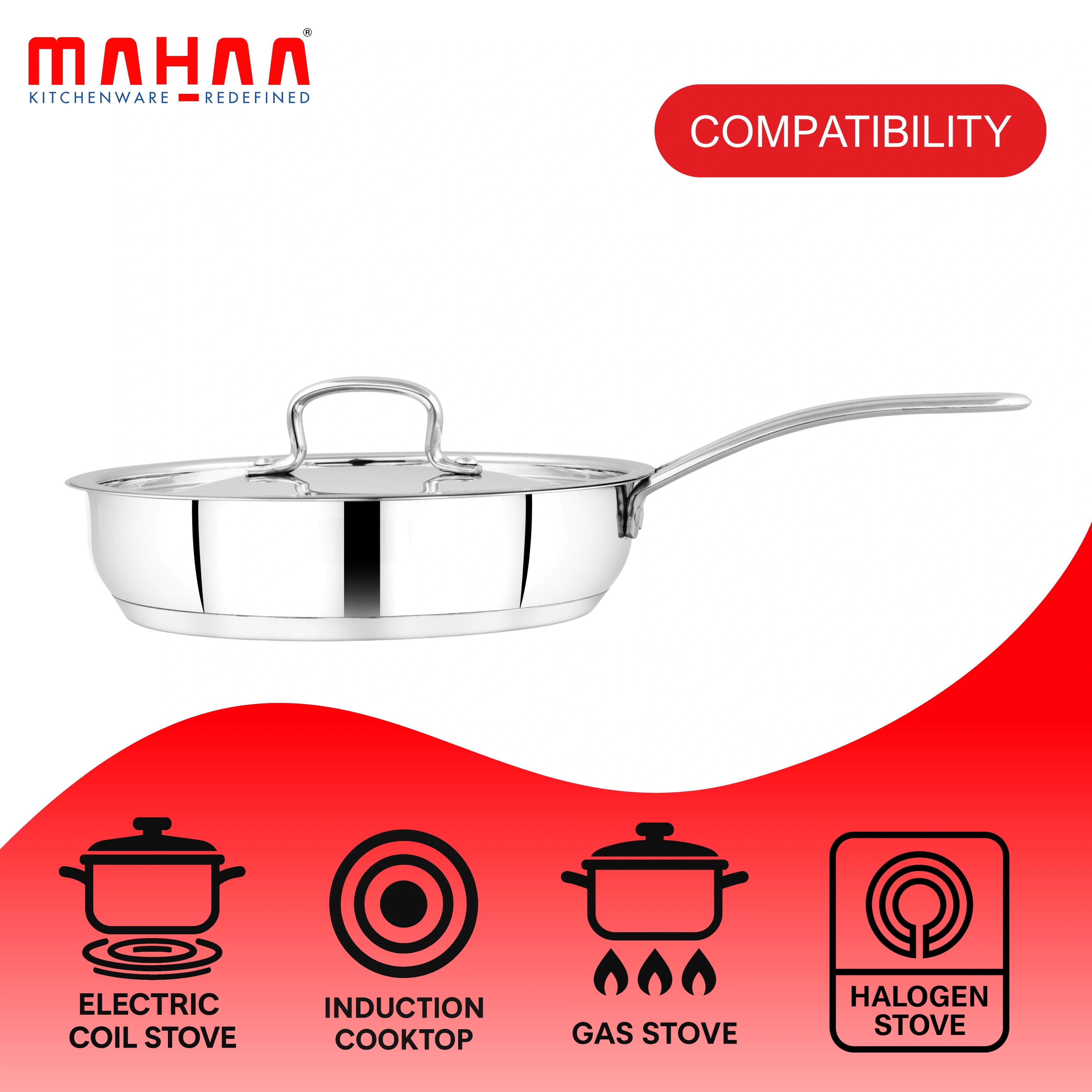 MAHAA Avanti Stainless Steel Fry Pan – Premium Quality with Snug-Fit Lid | Tri Ply Base | Non-stick | Gas & Induction Compatible | Cool-Touch Handle | 1.2L to 2L | Free ₹300 SS Water Bottle