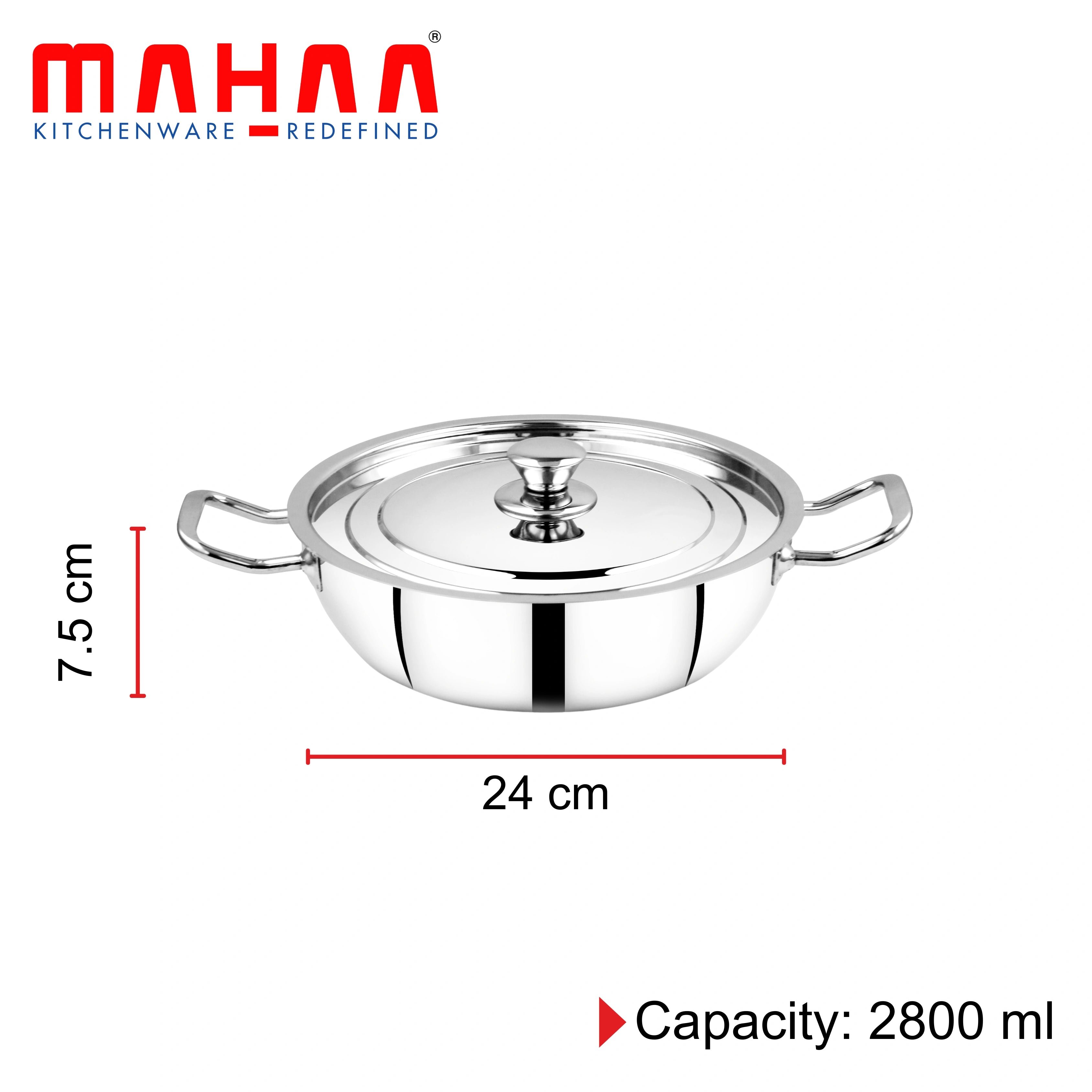 MAHAA Classic Stainless Steel Kadai + Lid | Cook & Saute Curries, Dal, Pasta, Frying | Gas & Induction Compatible | Cool Touch Handle and Knob | 22CM / 24CM
