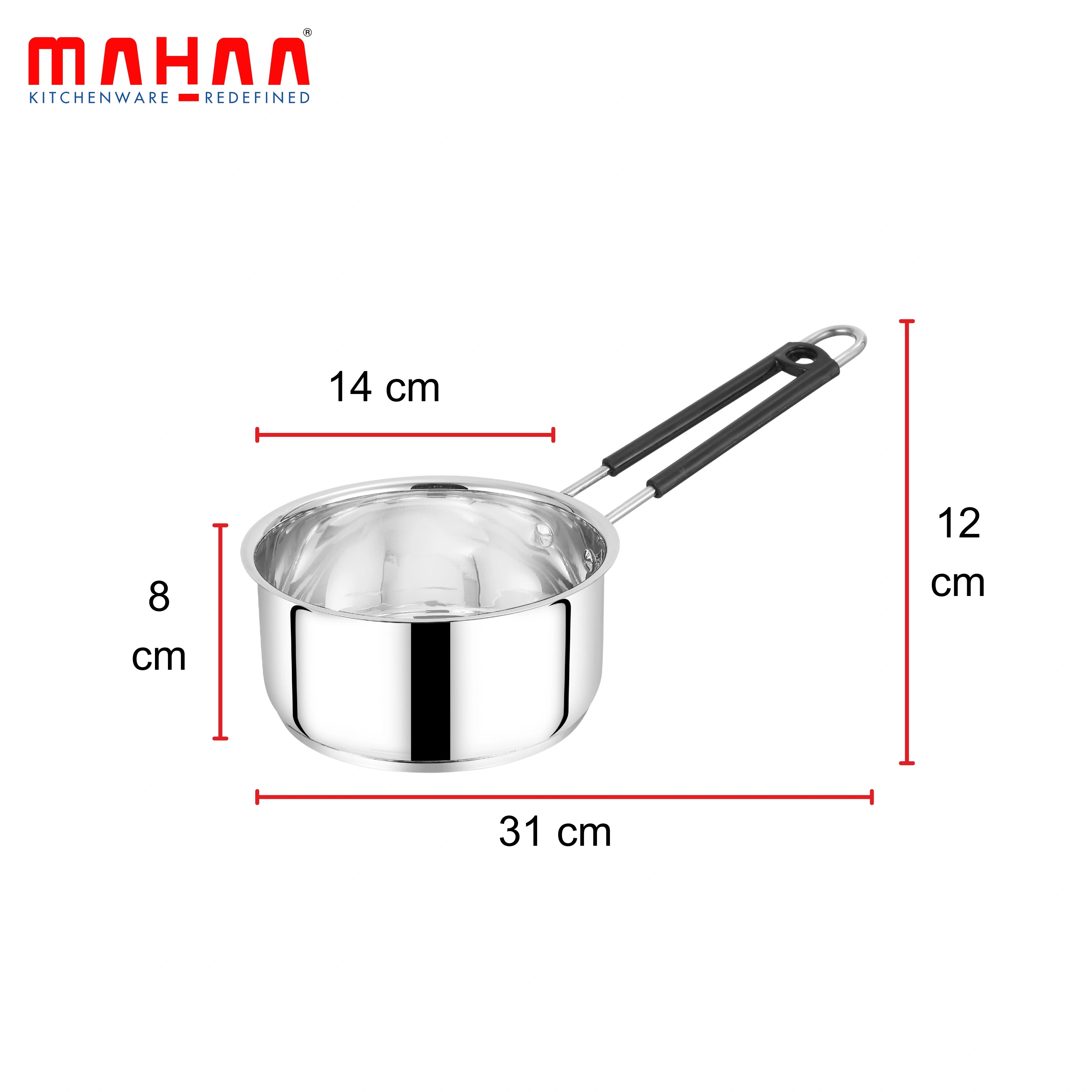 MAHAA Utena Stainless Steel Sauce Pan – Tea, Milk, Soup, Maggie Pan | Tri Ply Base | Non-stick | Gas & Induction Compatible | StayCool+ Handle | 14cm / 16cm / 18cm / 20cm