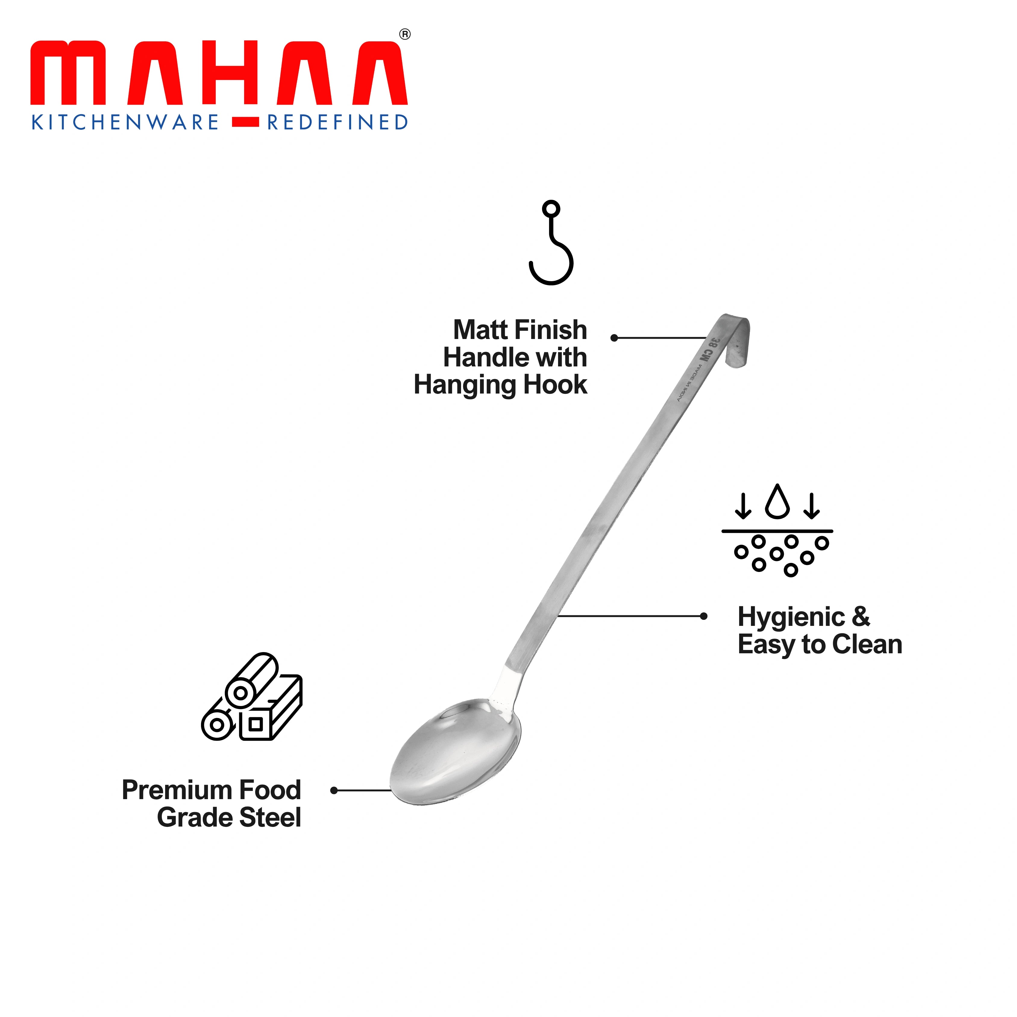 MAHAA Stainless Steel Basting Spoon – Long Handle | Heat-Resistant | Rust-Free | Ideal for Skimming, Stirring & Serving | 33/38/52 CM