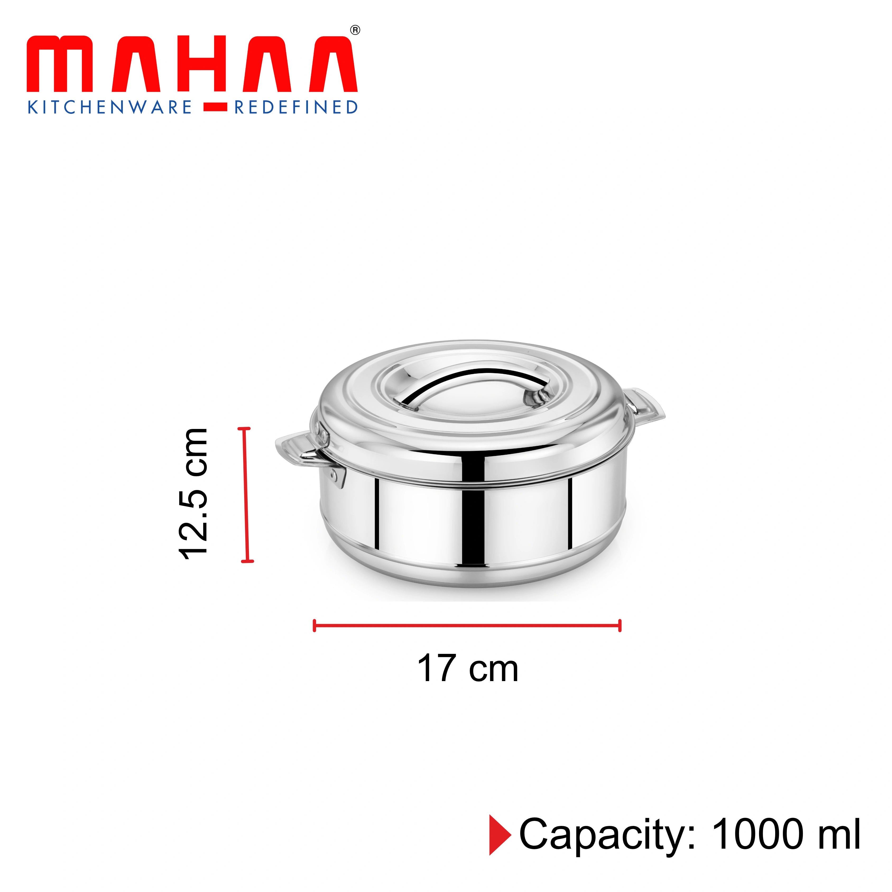 MAHAA Aspen Stainless Steel Insulated Casserole – Snug-Fit Lock | Hot Pot for Roti-Rice-Gravy-Curry | Retains Temperature, Twist Lock | Free ₹300 SS Water Bottle