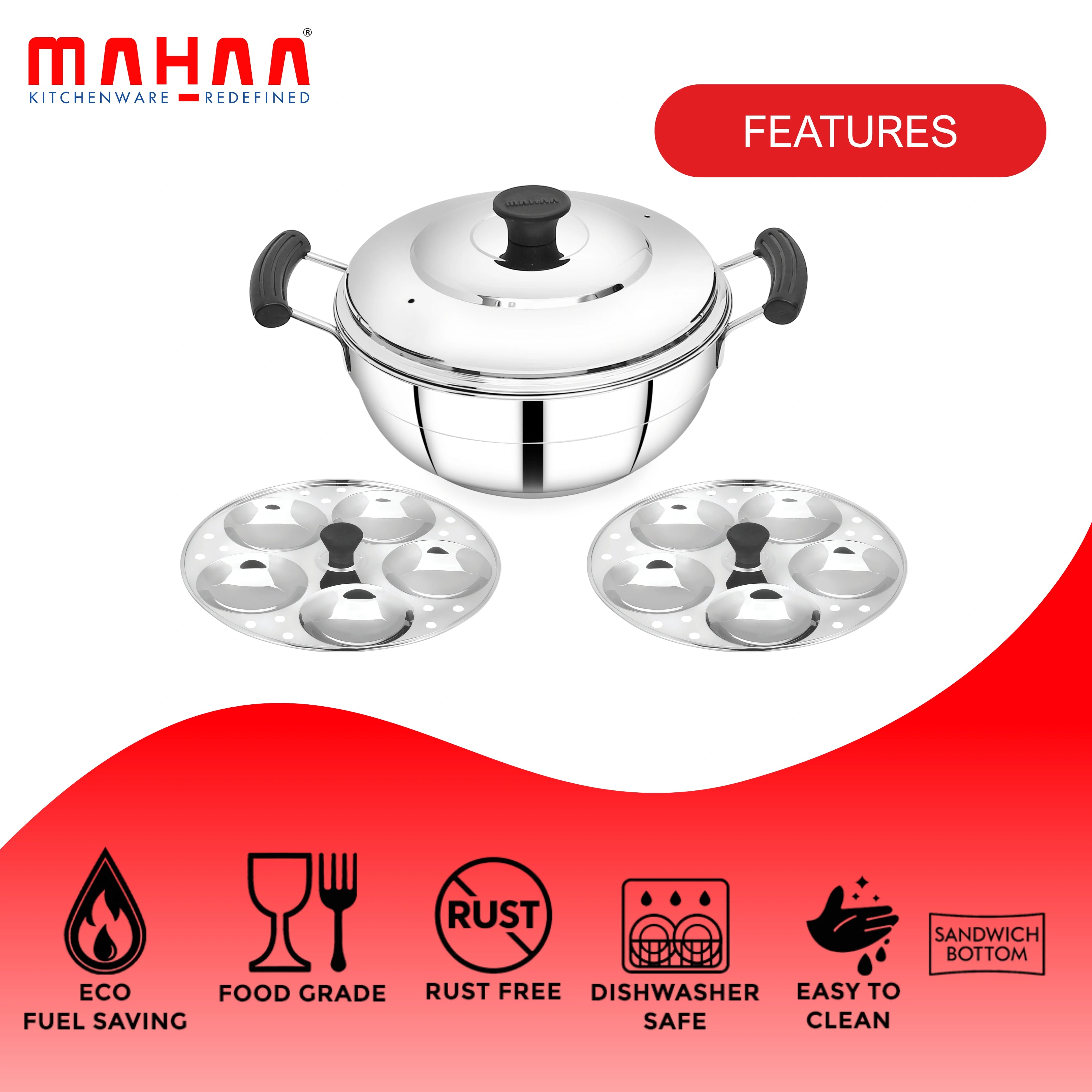 MAHAA Stainless Steel Multi Kadai 20CM – Versatile Kadai with Steam Release Lid | Steam Idlies, Idiyappams, Momos and Vegetables | Tri Ply Base | StayCool+ Handle & Lid Knob