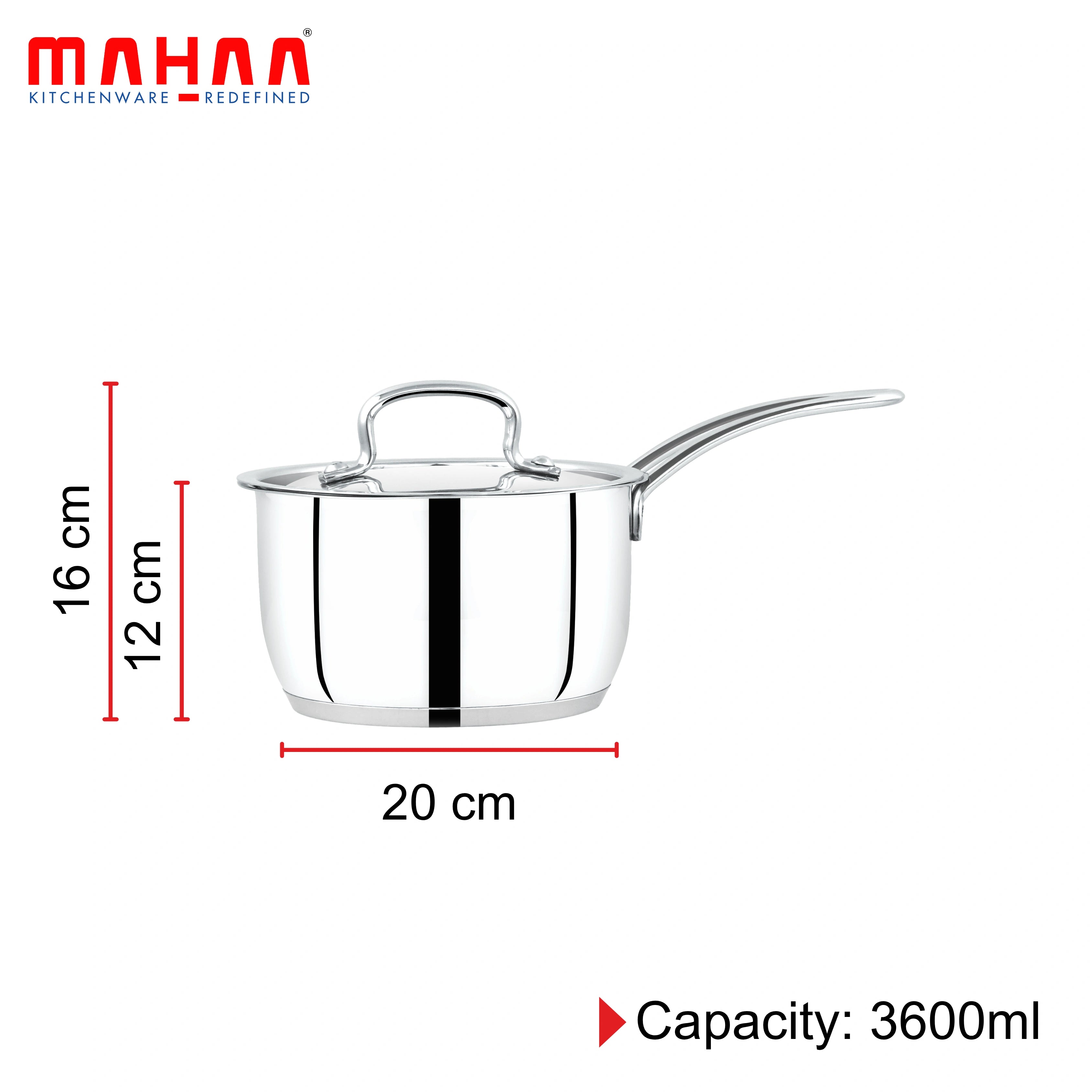 MAHAA Avanti Stainless Steel Sauce Pan – Premium Quality with Snug-Fit Lid | Tri Ply Base | Non-stick | Gas & Induction Compatible | Cool-Touch Handle | 1.2L to 3.6L | Free ₹300 SS Water Bottle