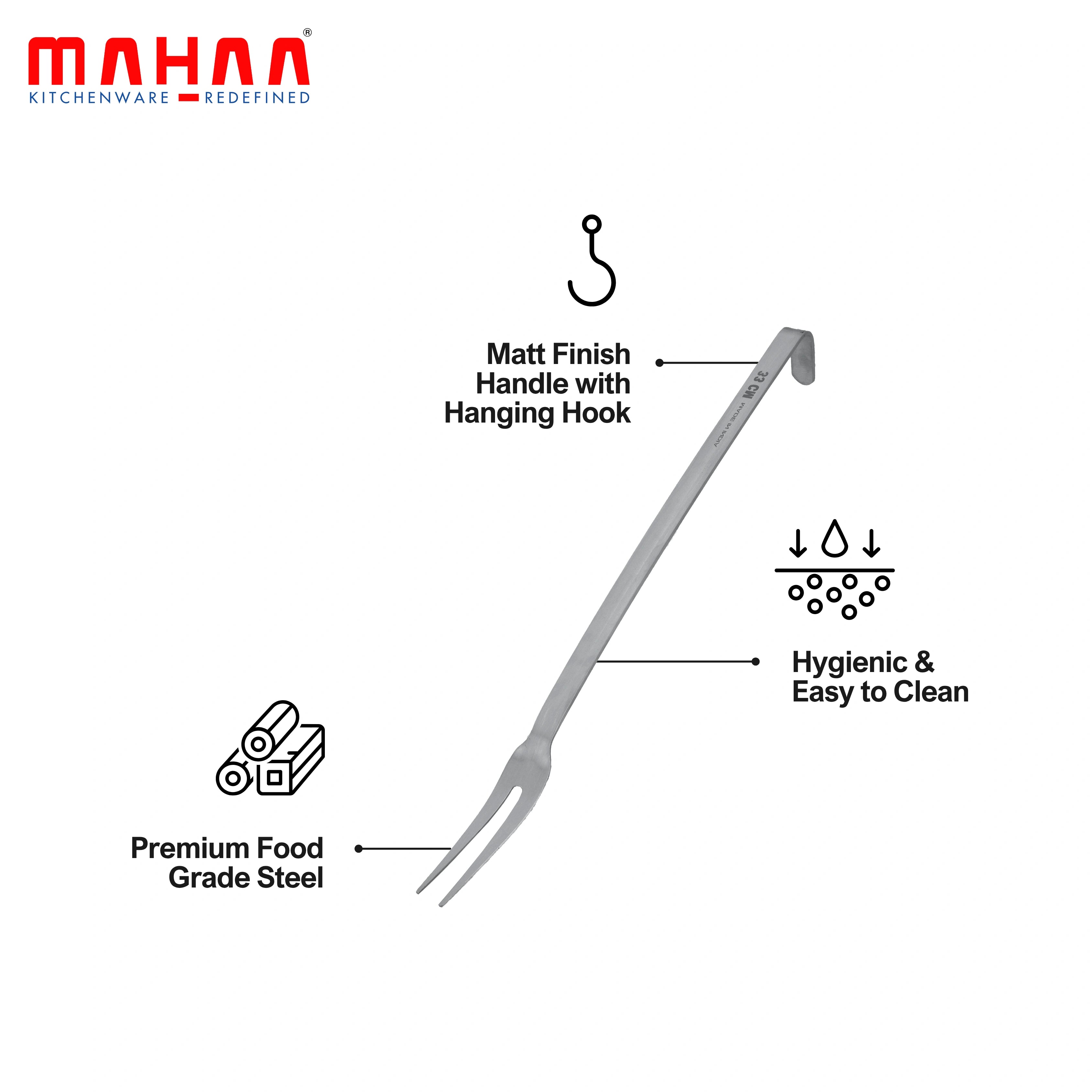 MAHAA Stainless Steel Basting Fork – Stainless Steel Two-Tine Fork | Matt Finish | Hanging Hook | Ideal for Meat, Tandoori, Barbeque | 32/38/53 CM
