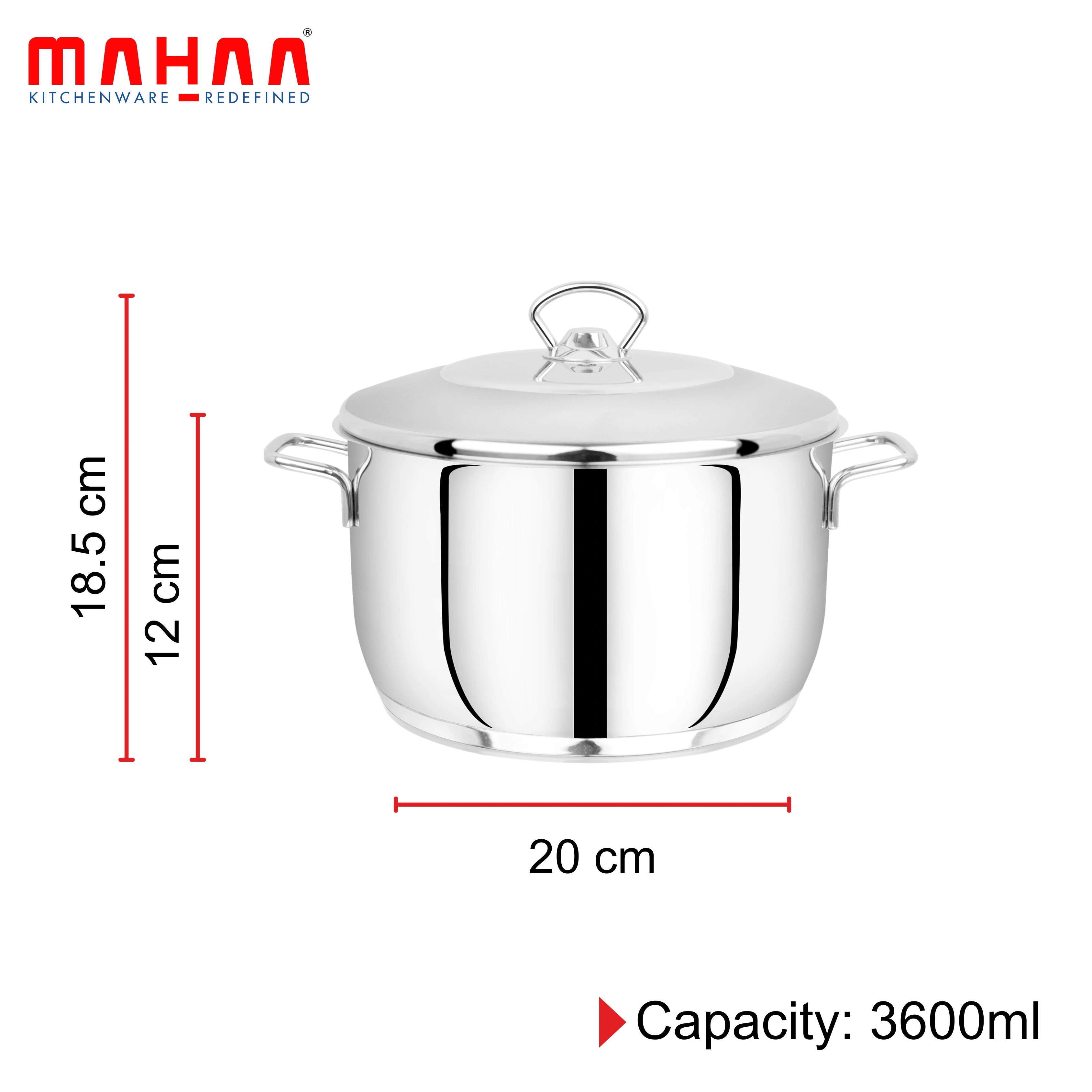 MAHAA Avanti Stainless Steel Cooking / Biryani Pot – Premium Quality with Snug-Fit Lid | Tri Ply Base | Non-stick | Gas & Induction Compatible | Cool-Touch Handle | 1.2L to 11.6L | Free ₹300 SS Water Bottle
