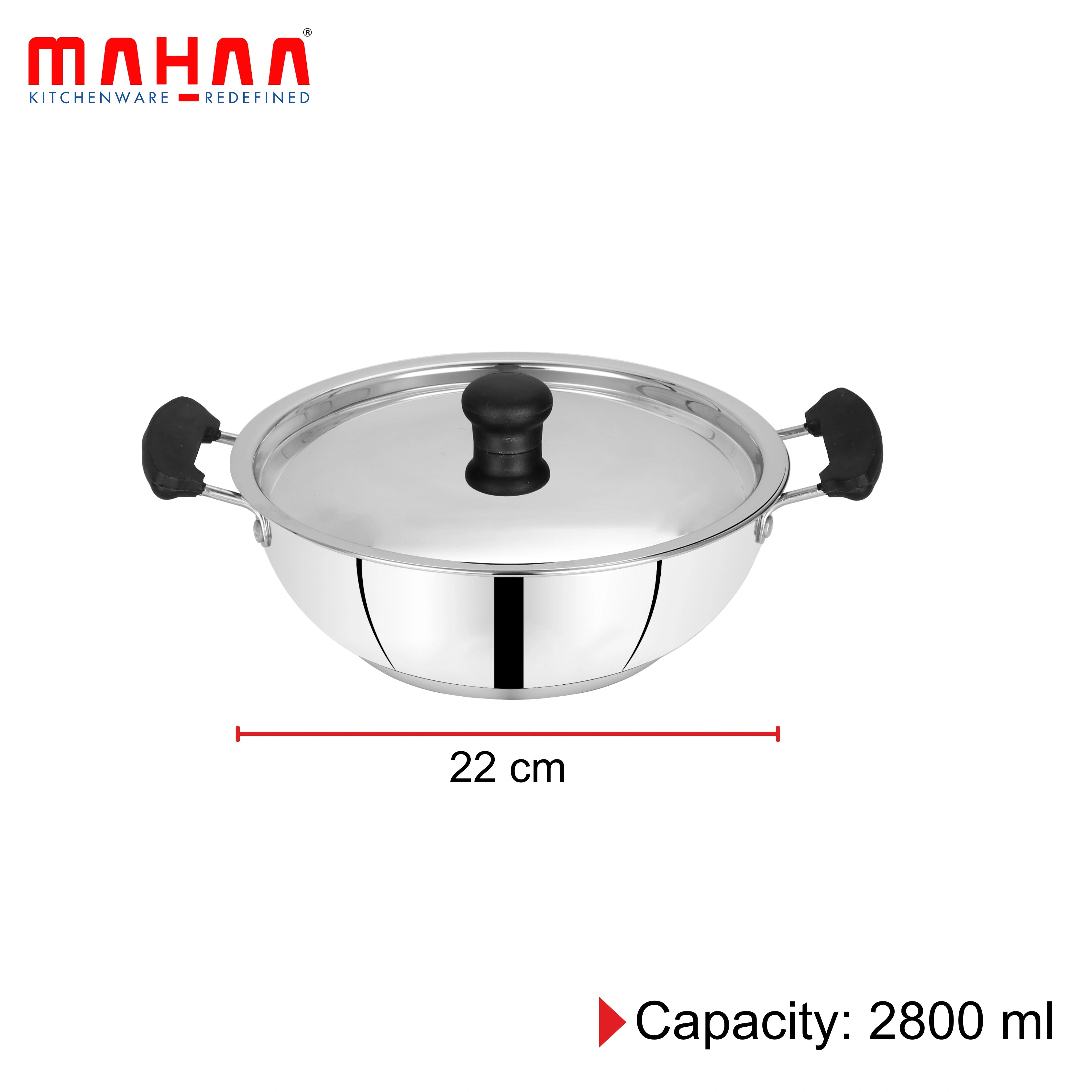 MAHAA Zen Stainless Steel Cookware Combo 5 Pc Set: Kadai  + Lid, Tea/Milk Pan + Lid, Fry Pan | Tri Ply Base | Non-stick | Gas & Induction Compatible | StayCool+ Handle and Knob| Gift Set