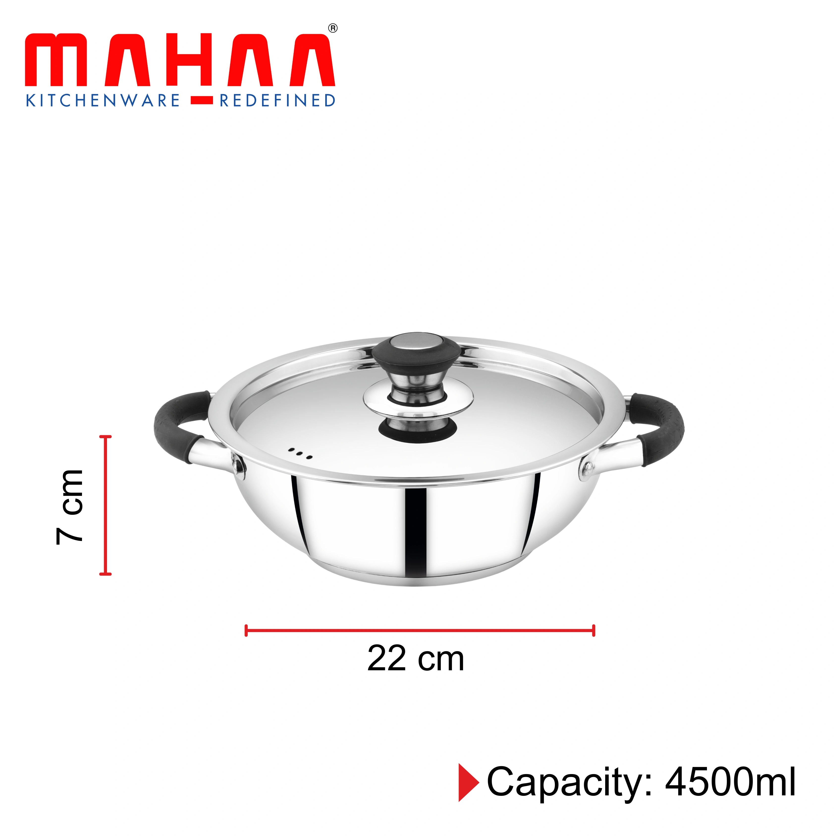 MAHAA Chroma Stainless Steel Kadai + Lid – Cook Curries, Dal, Rice| Easy Clean | Tri Ply Base | Non-stick | Gas & Induction Compatible | StayCool+ Handle and Knob | 4.5L / 6.1L