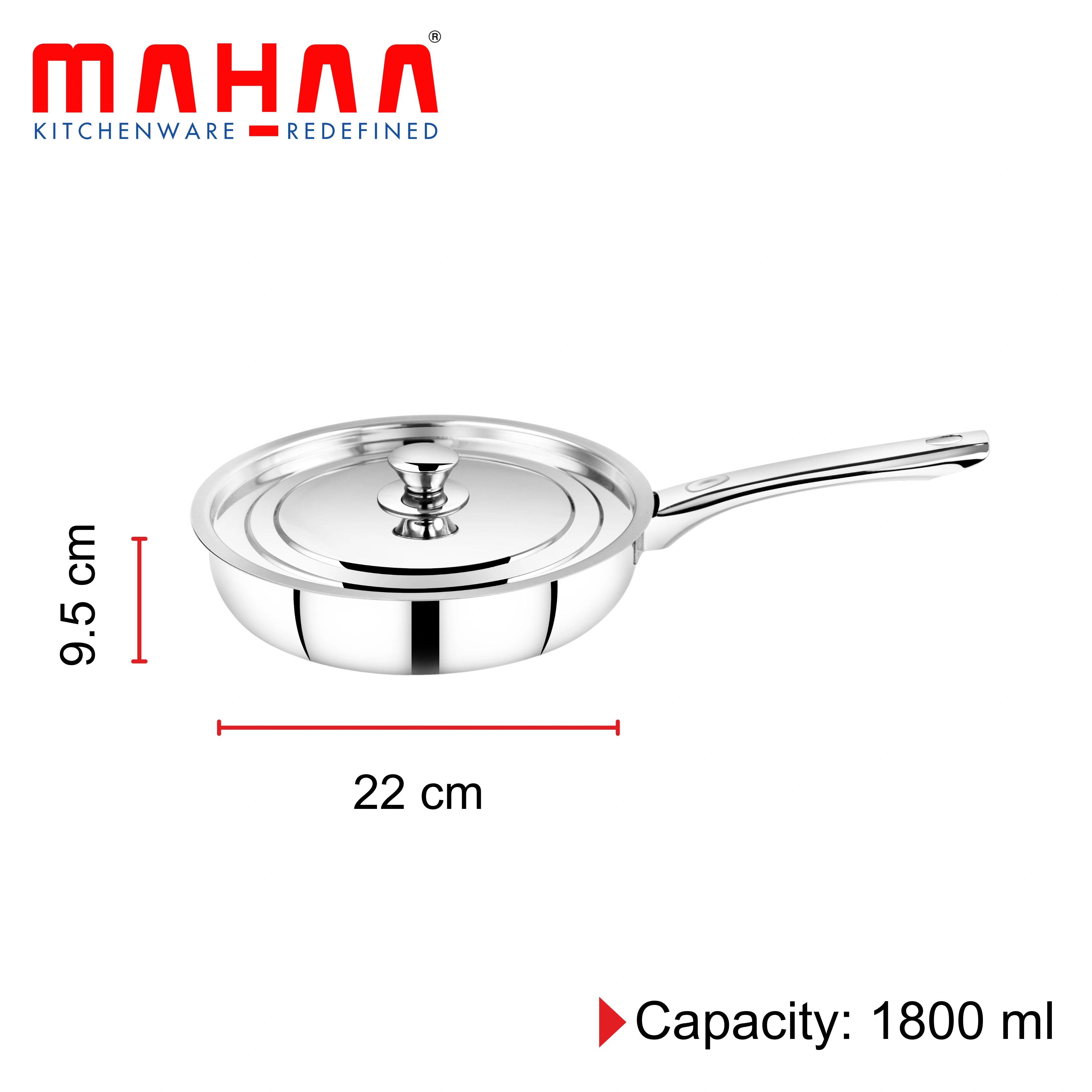 MAHAA Classic Stainless Steel Fry Pan + Lid | Cook & Saute Curries, Dal, Pasta | Gas & Induction Compatible | Cool Touch Handle and Knob | 20CM / 22CM