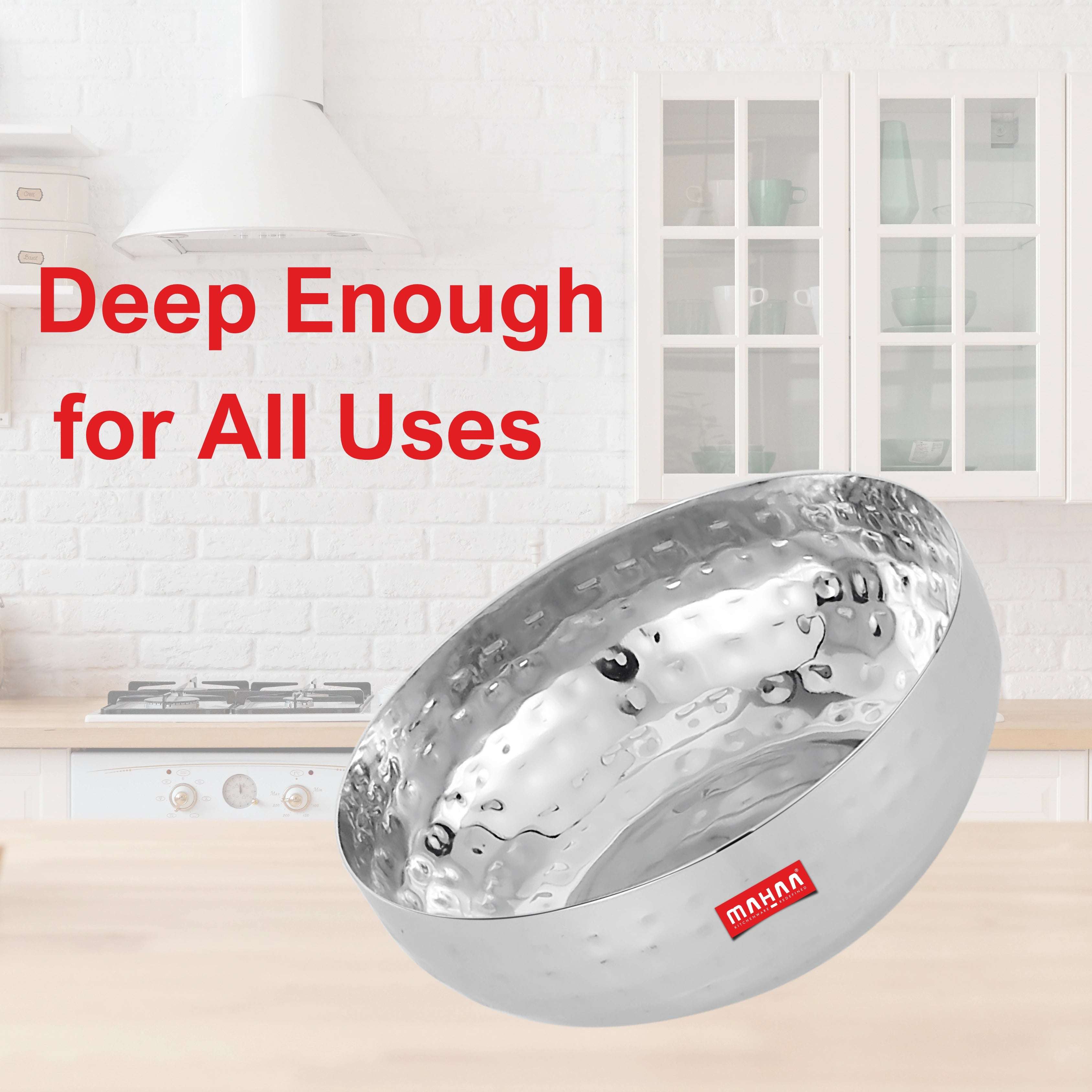 Stainless Steel Deep Bowl – 2 Pcs Set | High Quality | Hammered Finish | Handcrafted Look | Rust-Free & Dishwasher Safe