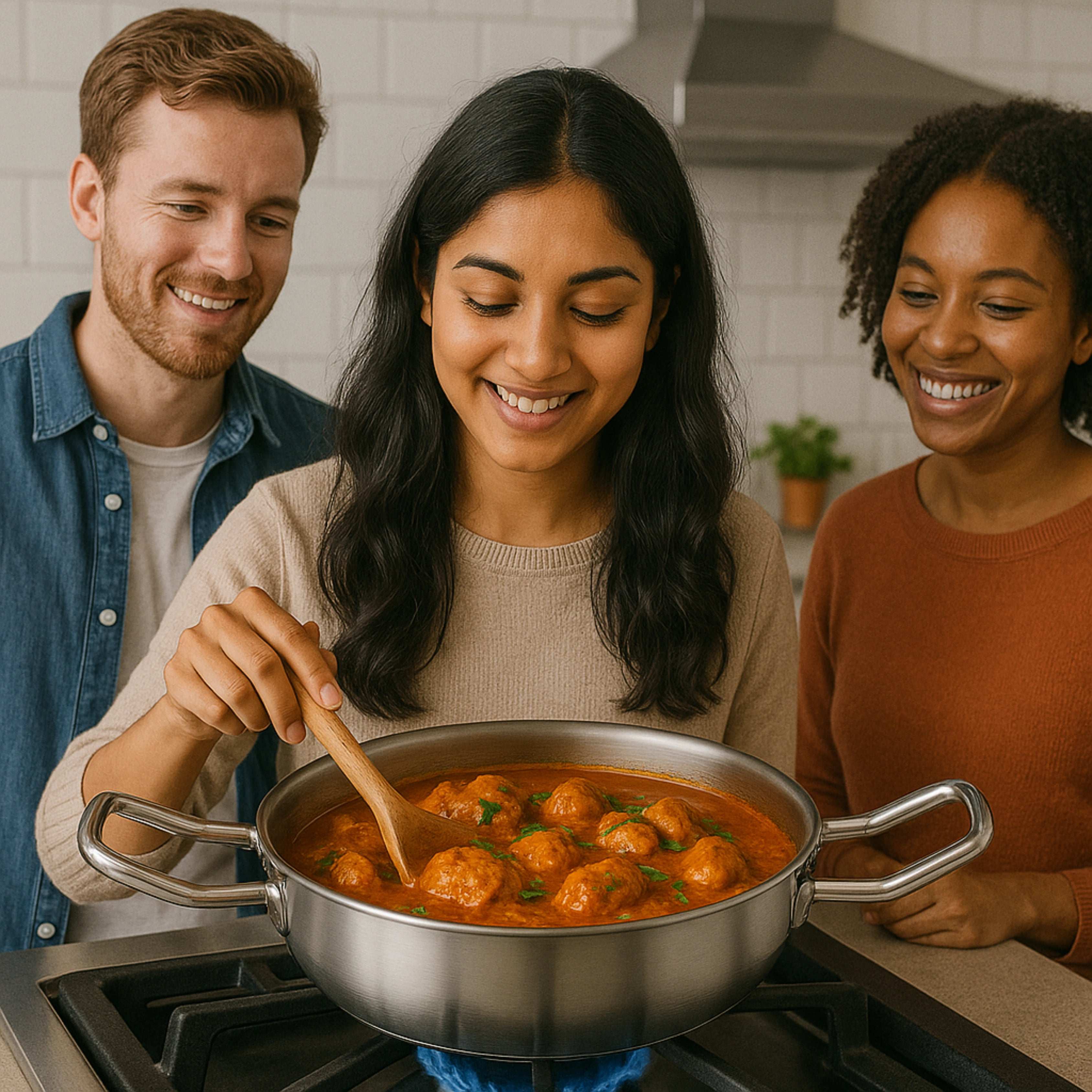 Classic Stainless Steel Kadai with Lid – Deep Frying Pan for Daily Cooking | Gas Stove Compatible | With Cool-Touch Handle | 22CM / 24CM