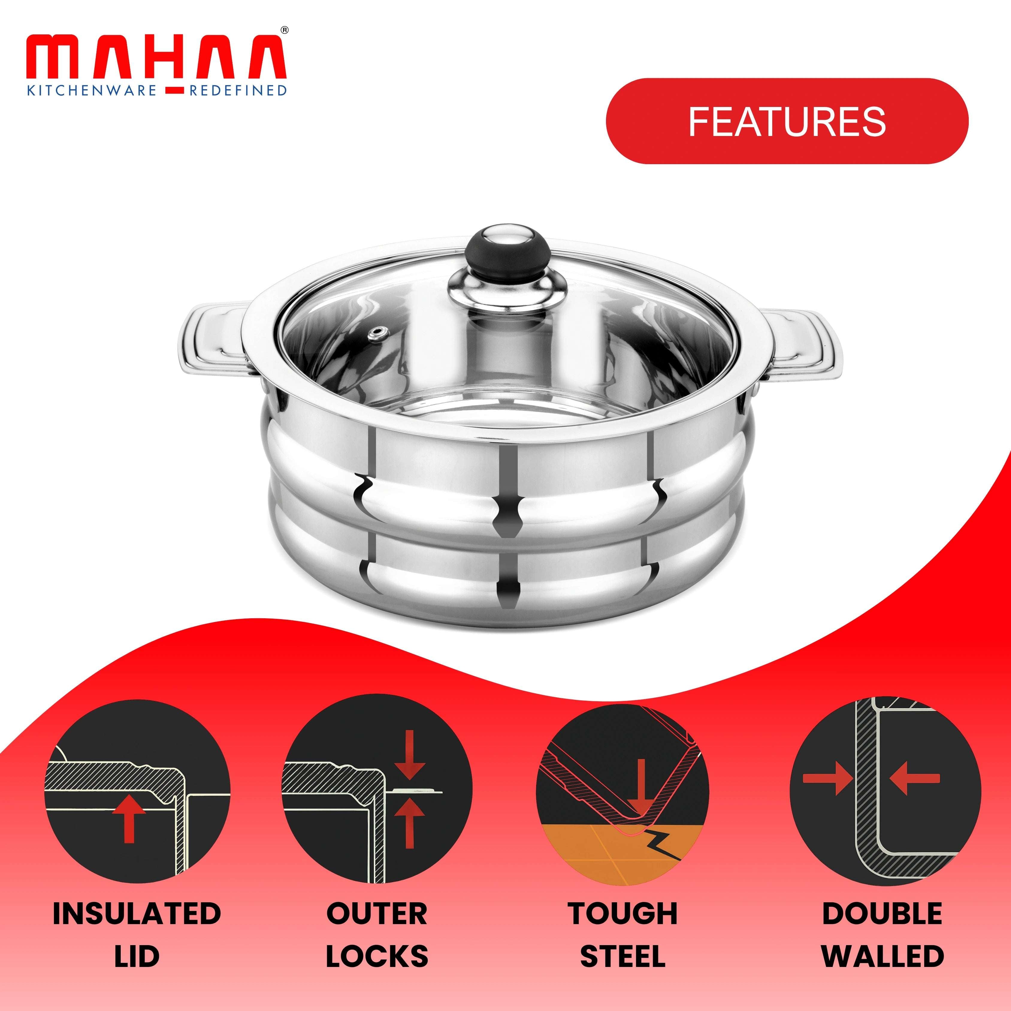 Orchid Stainless Steel Insulated Casserole with See-Through Glass Lid – Snug-Fit Lock | Rust-Free & Stylish Hot Pot