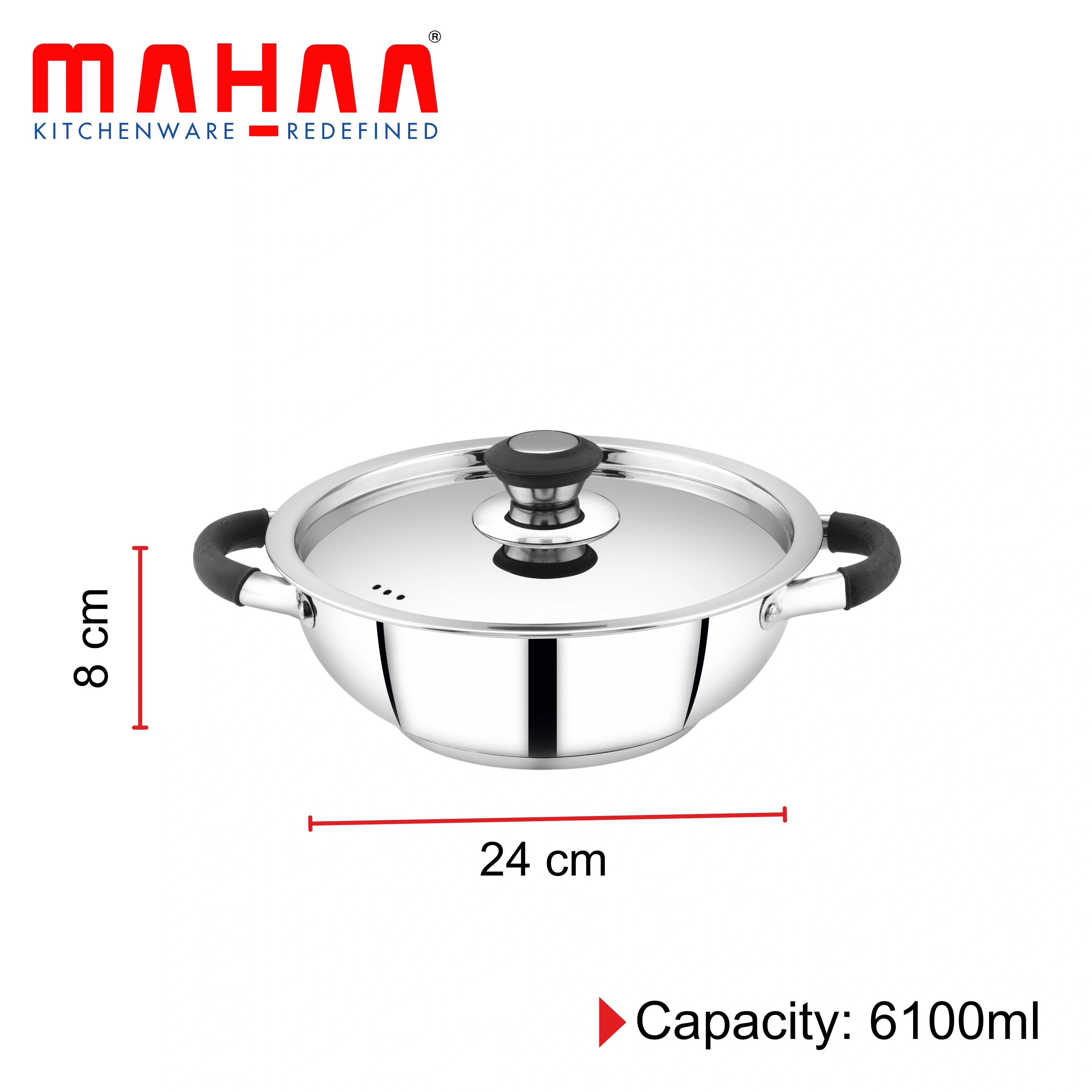 MAHAA Chroma Stainless Steel Kadai + Lid – Cook Curries, Dal, Rice| Easy Clean | Tri Ply Base | Non-stick | Gas & Induction Compatible | StayCool+ Handle and Knob | 4.5L / 6.1L