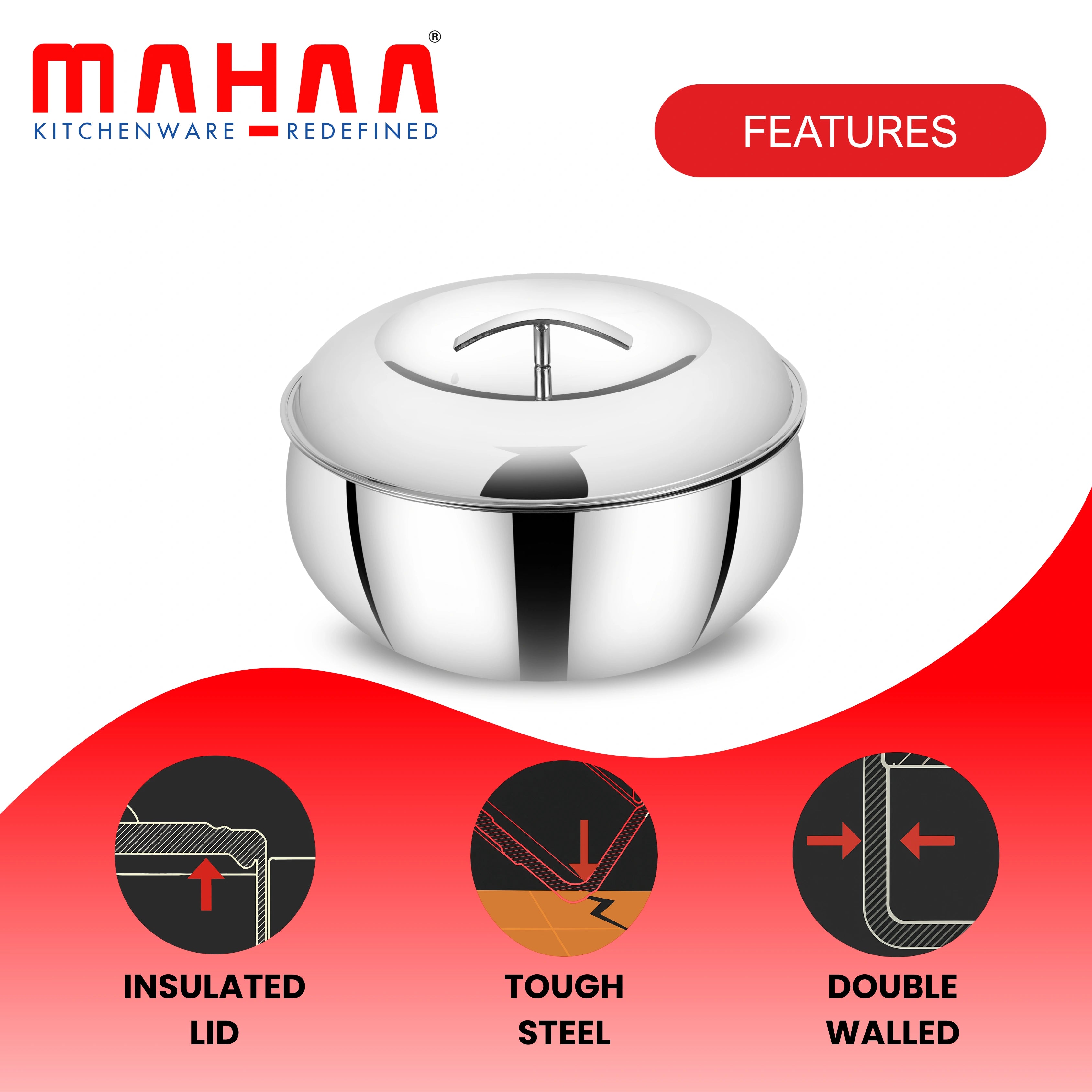 MAHAA Curve Premium Double Wall Insulated Stainless Steel Casserole - Hot Pot for Roti-Rice-Gravy-Curry | Mirror Finish | Silver Hot Box with Snug Fit Lid Lid | Retains Temperature, Twist Lock |