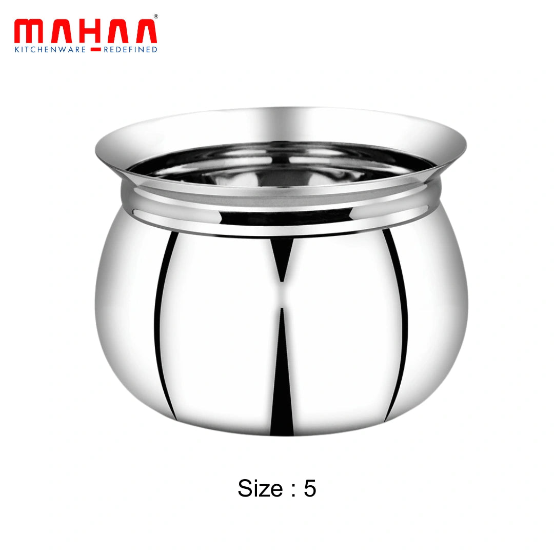 MAHAA Stainless Steel Gundu Handi Set of 6 Pcs – Kitchen Serving, Cooking Bowl | Handi Set | Biryani Handi for Kitchen & Restaurant | Cookware Set