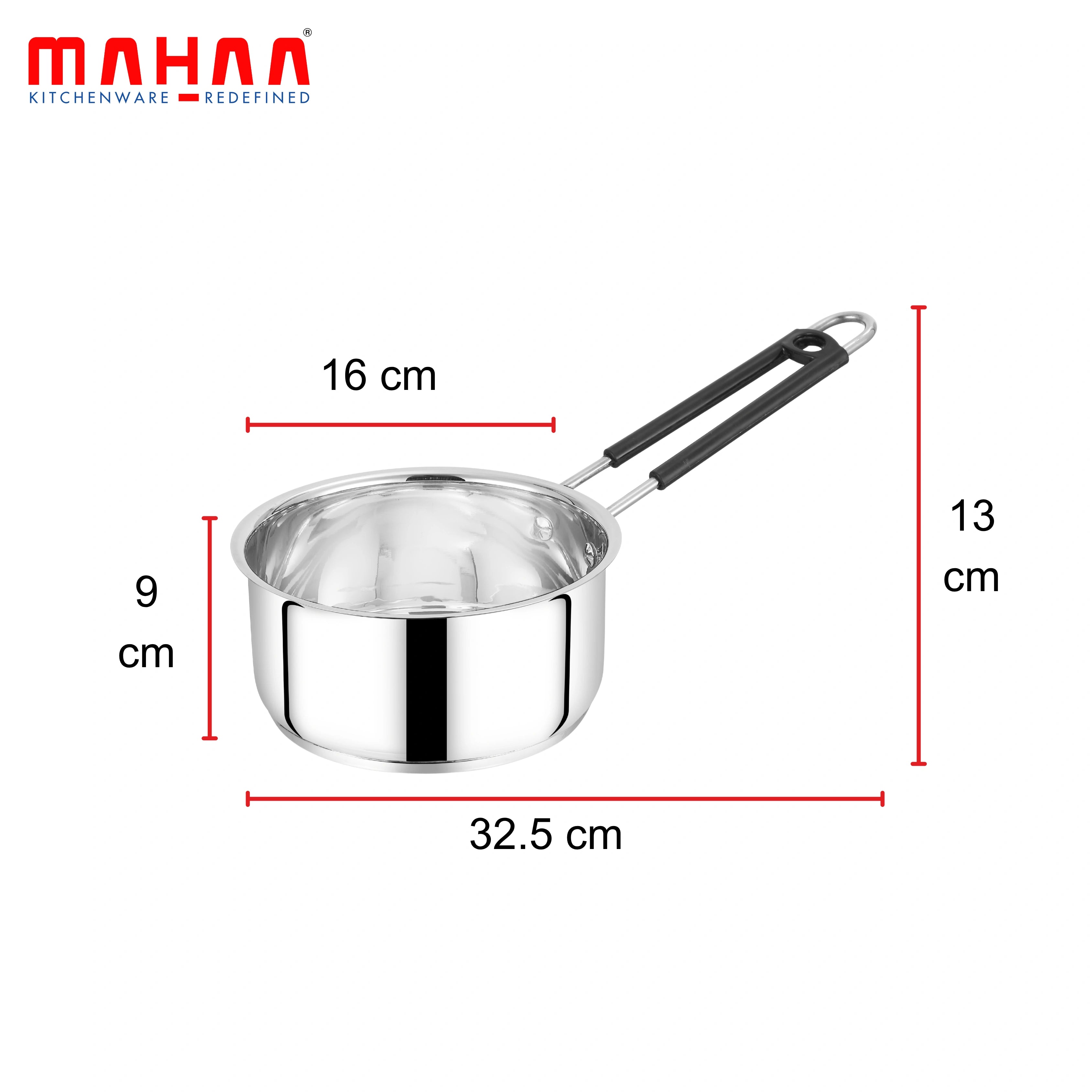 MAHAA Utena Stainless Steel Sauce Pan – Tea, Milk, Soup, Maggie Pan | Tri Ply Base | Non-stick | Gas & Induction Compatible | StayCool+ Handle | 14cm / 16cm / 18cm / 20cm