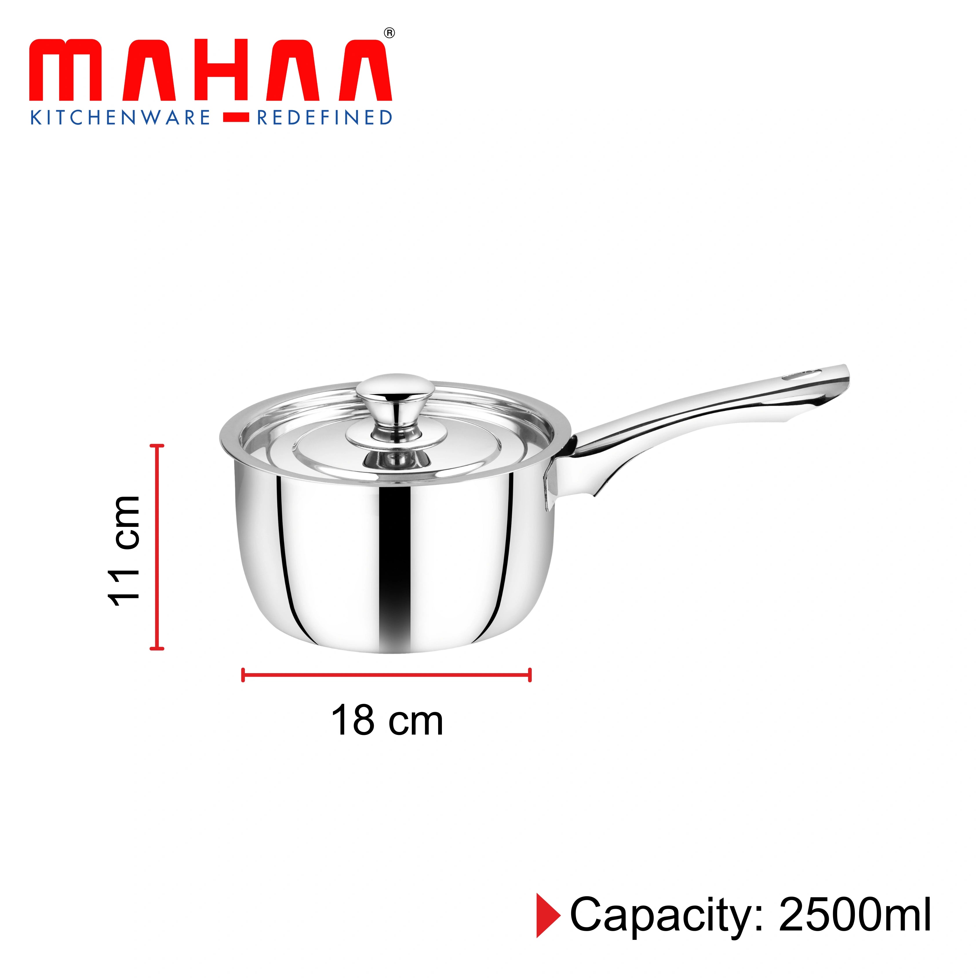 MAHAA Classic Stainless Steel Sauce Pan + Lid | Cook & Saute Curries, Dal, Pasta | Gas & Induction Compatible | Cool Touch Handle and Knob | 14CM / 16CM / 18CM / 20CM