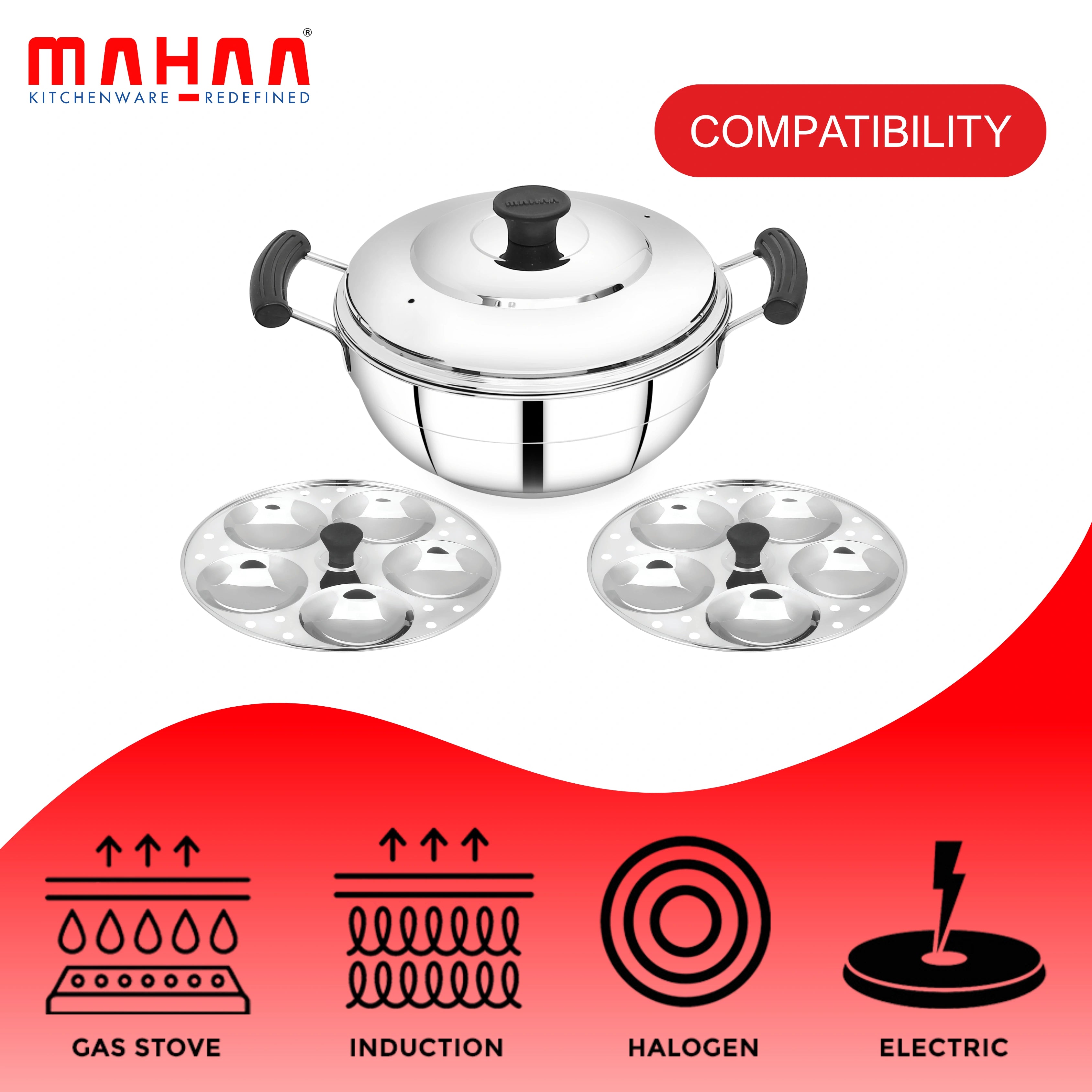 MAHAA Stainless Steel Multi Kadai 20CM – Versatile Kadai with Steam Release Lid | Steam Idlies, Idiyappams, Momos and Vegetables | Tri Ply Base | StayCool+ Handle & Lid Knob