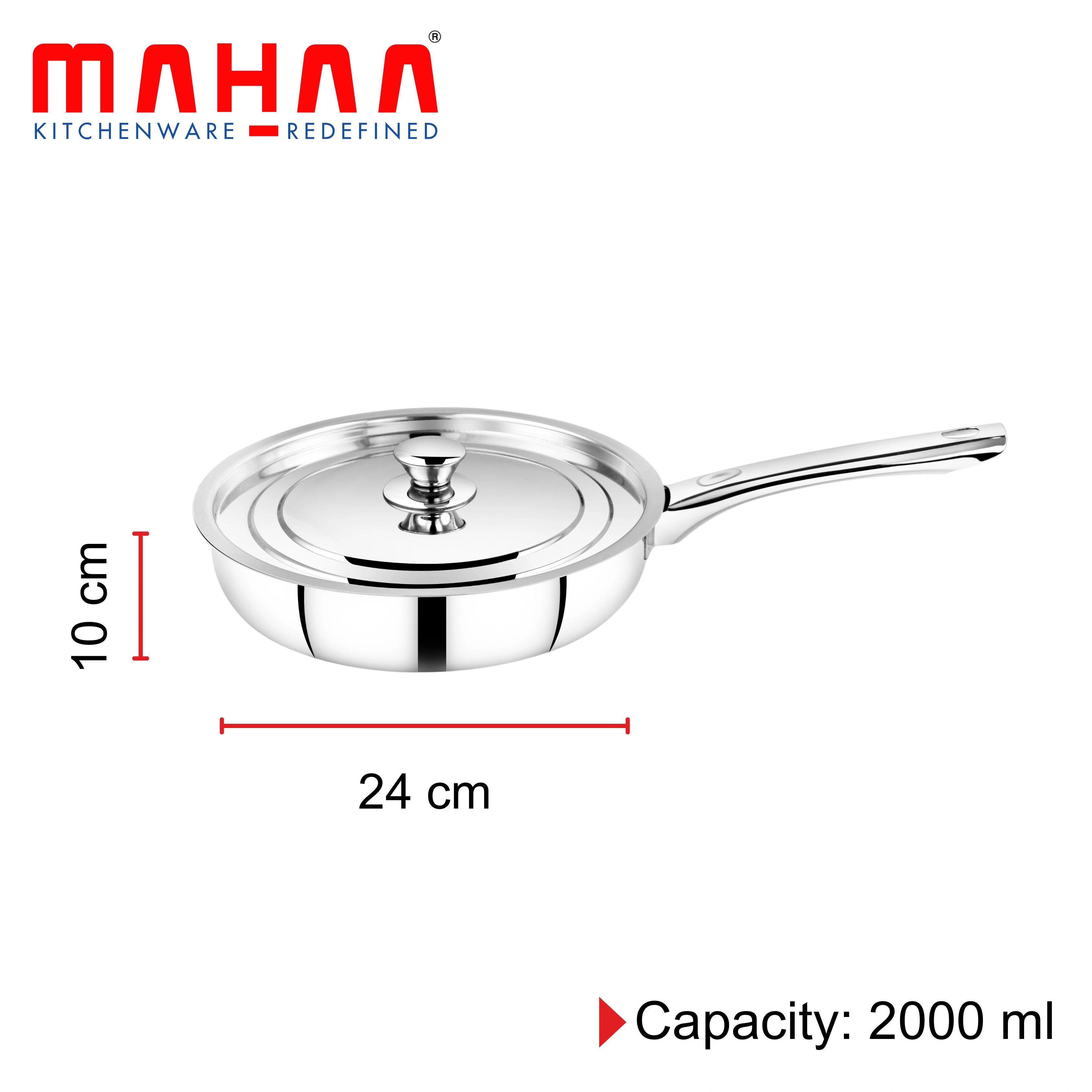 MAHAA Classic Stainless Steel Fry Pan + Lid | Cook & Saute Curries, Dal, Pasta | Gas & Induction Compatible | Cool Touch Handle and Knob | 20CM / 22CM