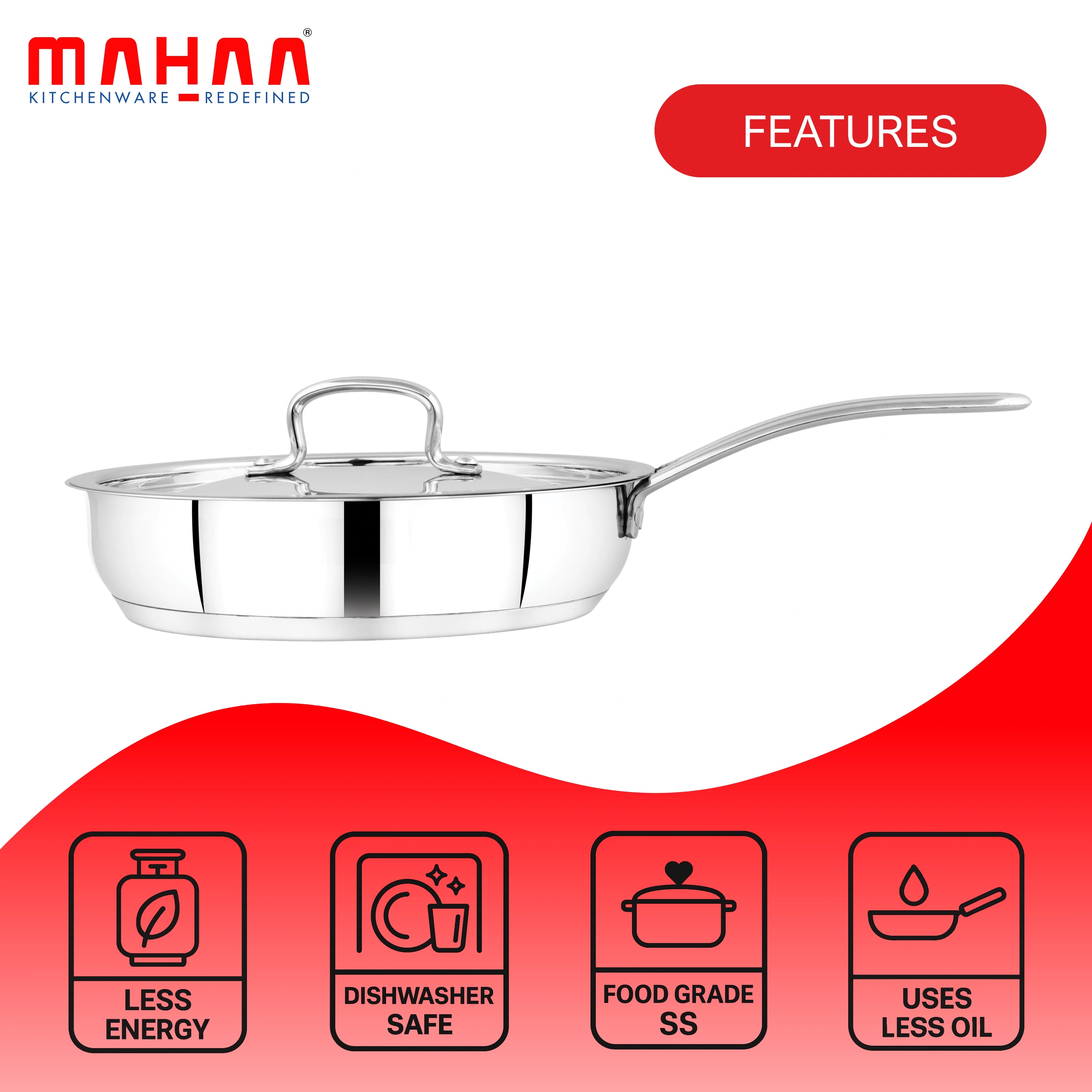 MAHAA Avanti Stainless Steel Fry Pan – Premium Quality with Snug-Fit Lid | Tri Ply Base | Non-stick | Gas & Induction Compatible | Cool-Touch Handle | 1.2L to 2L | Free ₹300 SS Water Bottle