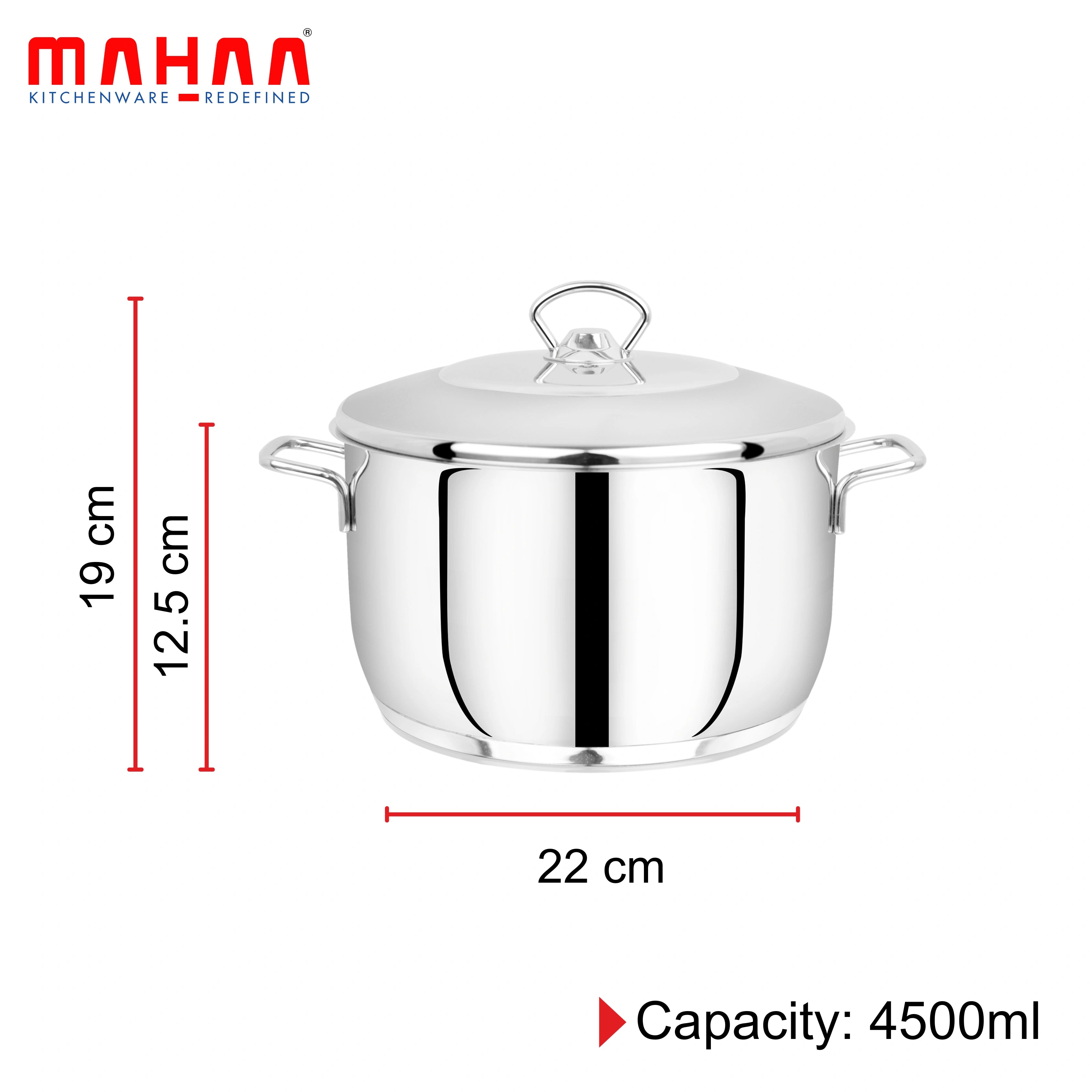 MAHAA Avanti Stainless Steel Cooking / Biryani Pot – Premium Quality with Snug-Fit Lid | Tri Ply Base | Non-stick | Gas & Induction Compatible | Cool-Touch Handle | 1.2L to 11.6L | Free ₹300 SS Water Bottle