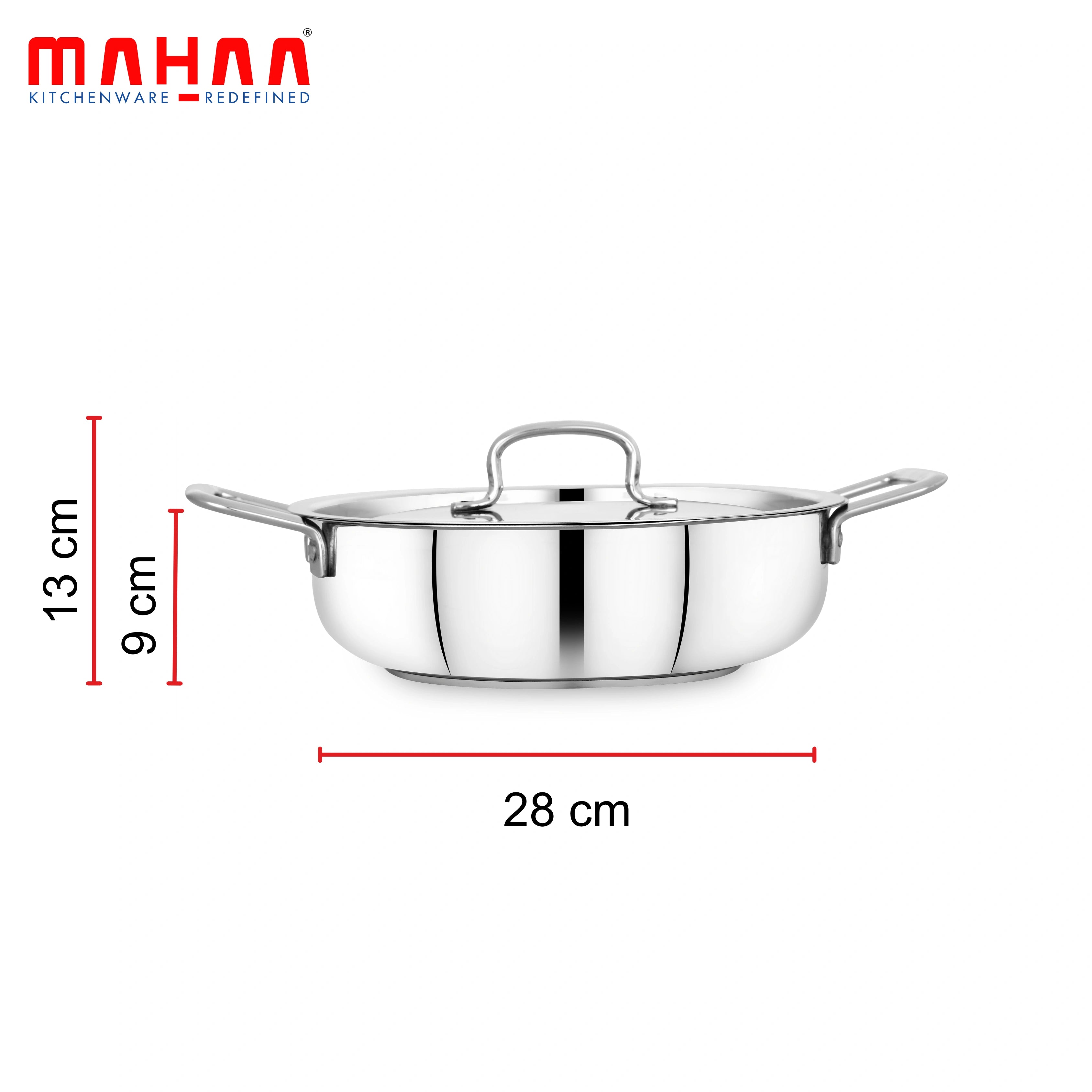 MAHAA Avanti Stainless Steel Kadai – Premium Quality with Snug-Fit Lid | Tri Ply Base | Non-stick | Gas & Induction Compatible | Cool-Touch Handle | 1.2L to 4.7L | Free ₹300 SS Water Bottle
