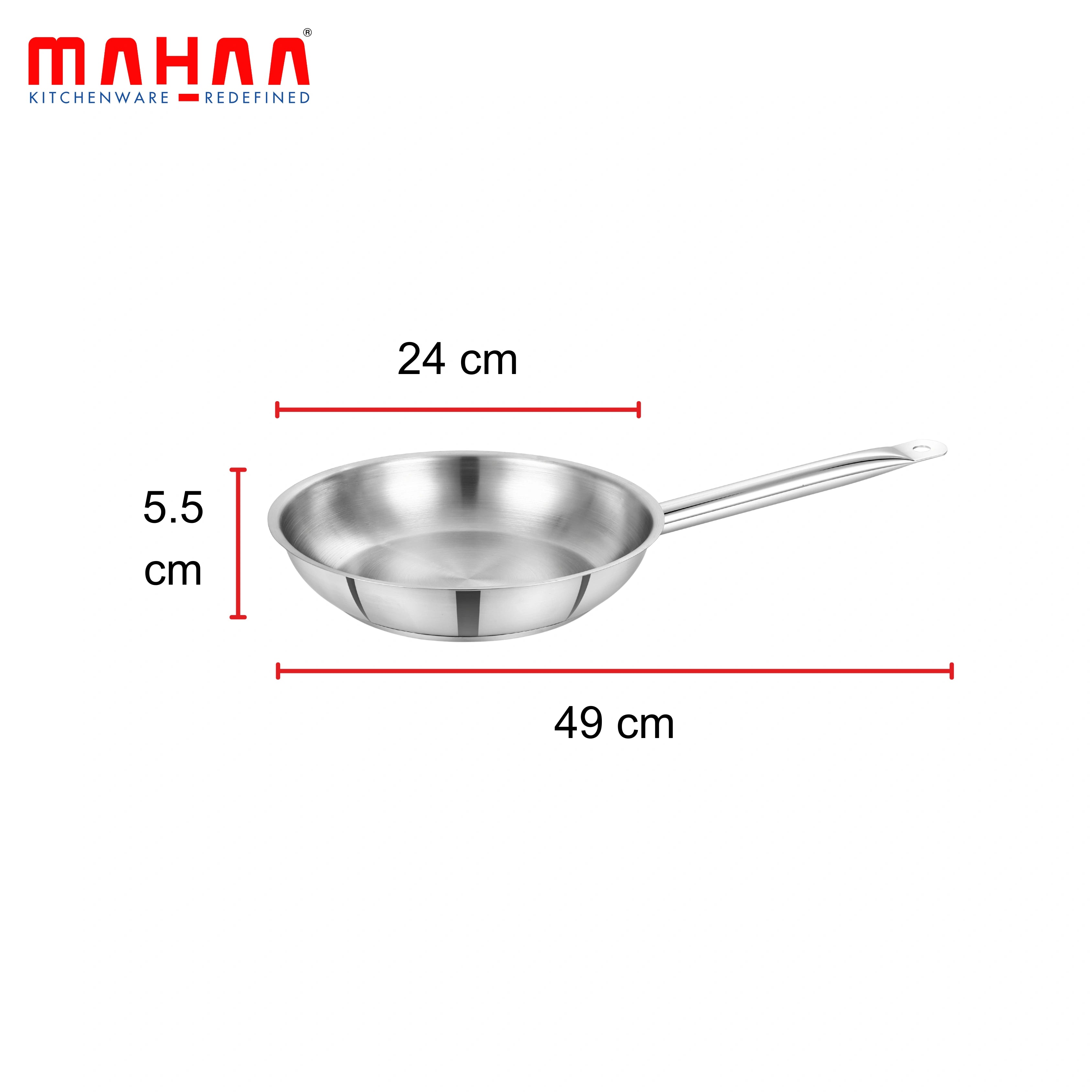 MAHAA Stainless Steel Professional Fry Pan – Scratch-Resistant Body | Heavy-Duty Stainless Steel | Tri Ply Base | Gas &  Induction Compatible | Cool-Touch Handle | 20/24/26/28/30/32 cm