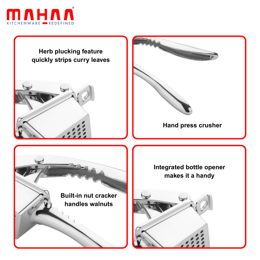 Mahaa 4-in-1 Garlic Crusher & Nut Cracker – Hand Press Garlic Presser & Mincer, Herb Plucking Tool for Curry Leaves, Coriander & Mint, Bottle Opener Kitchen Tool