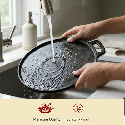 Cast Iron Dosa Tawa Single Handle 28 cm, Pre-Seasoned Traditional Pure Iron Cookware, Even Heating, Gas & Induction Compatible