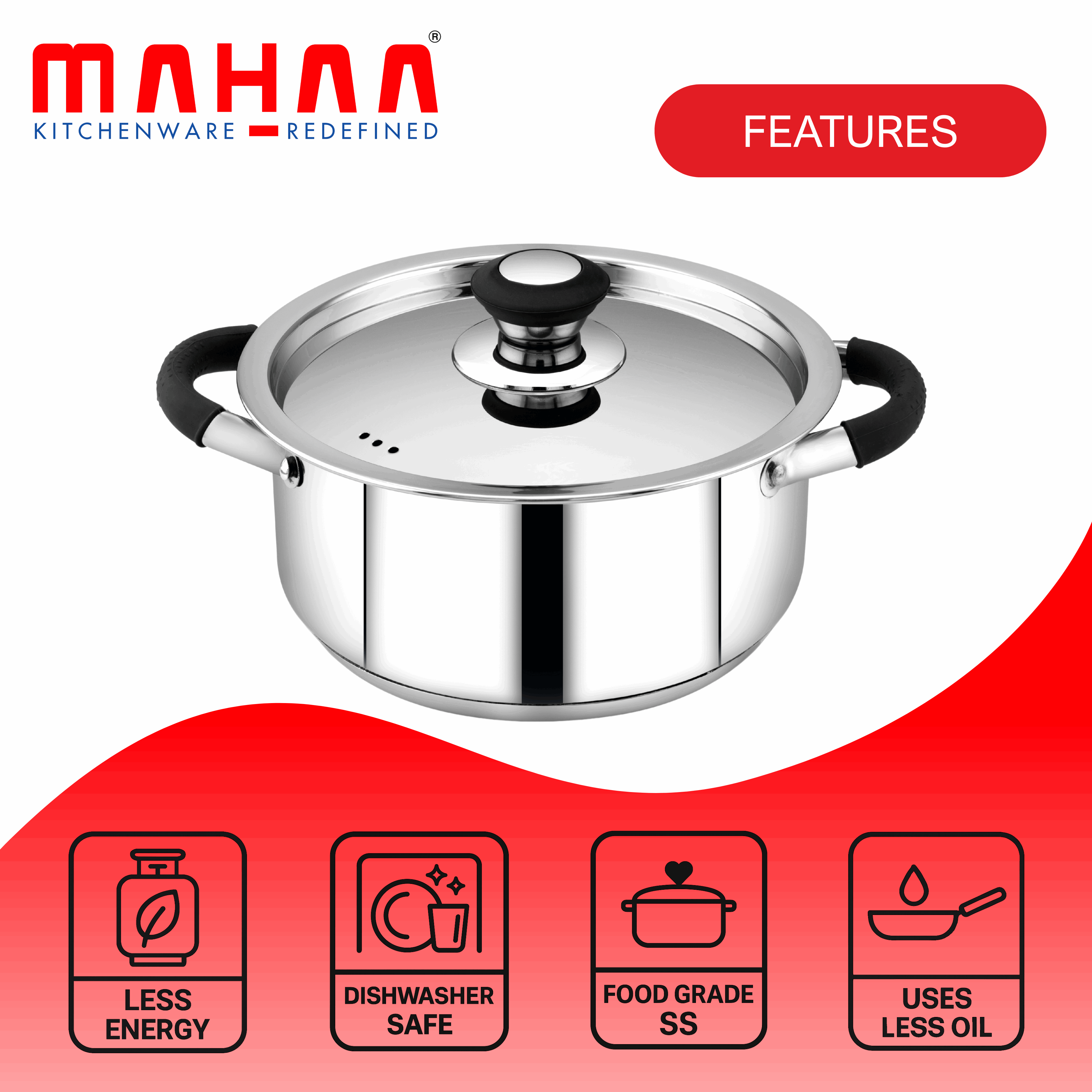 Chroma Stainless Steel Casserole – Cook & Serve Hot Box with Lid | Integrated Handles | 2.5L, 3.6L, 4.5L | Rust-Free & Durable