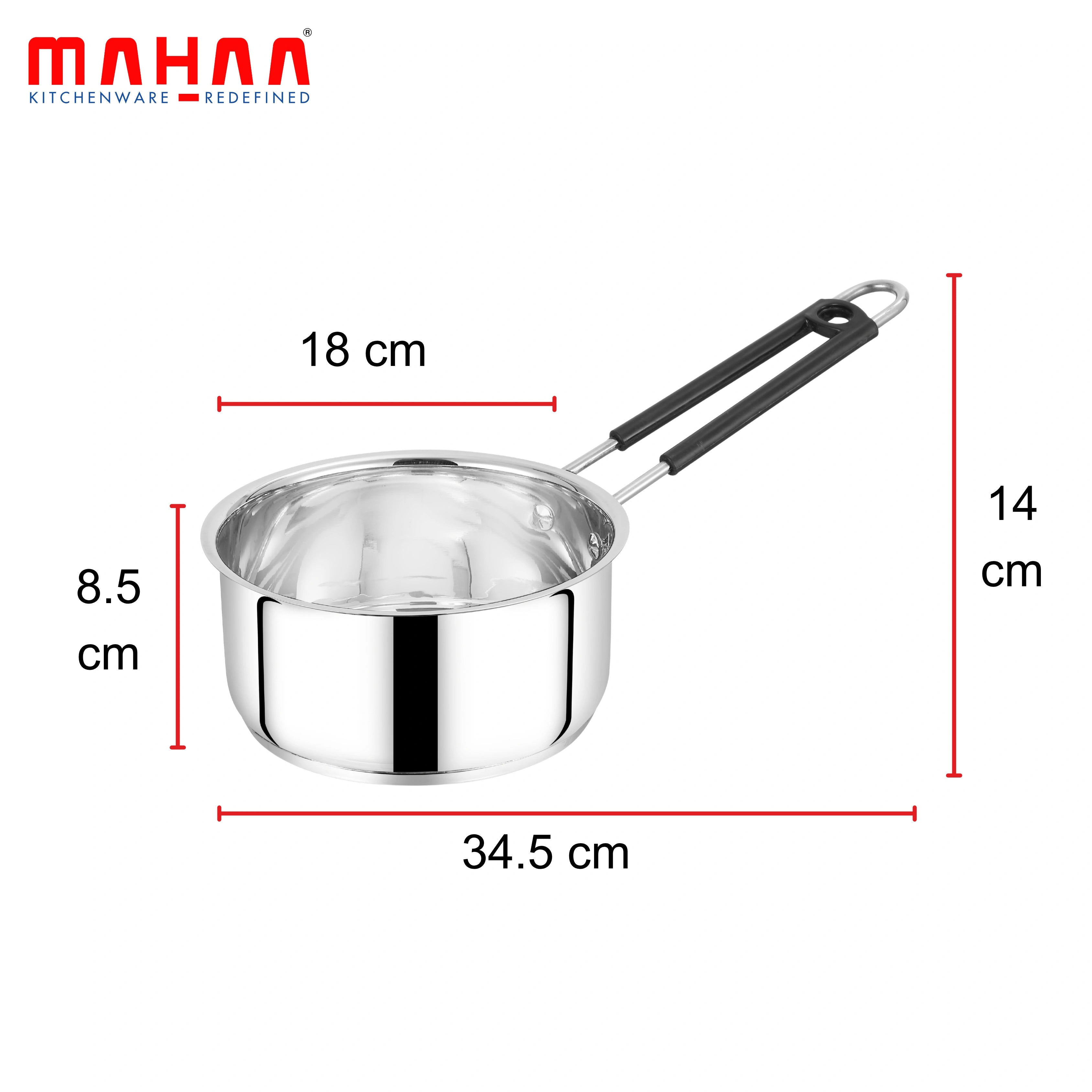 MAHAA Utena Stainless Steel Sauce Pan – Tea, Milk, Soup, Maggie Pan | Tri Ply Base | Non-stick | Gas & Induction Compatible | StayCool+ Handle | 14cm / 16cm / 18cm / 20cm