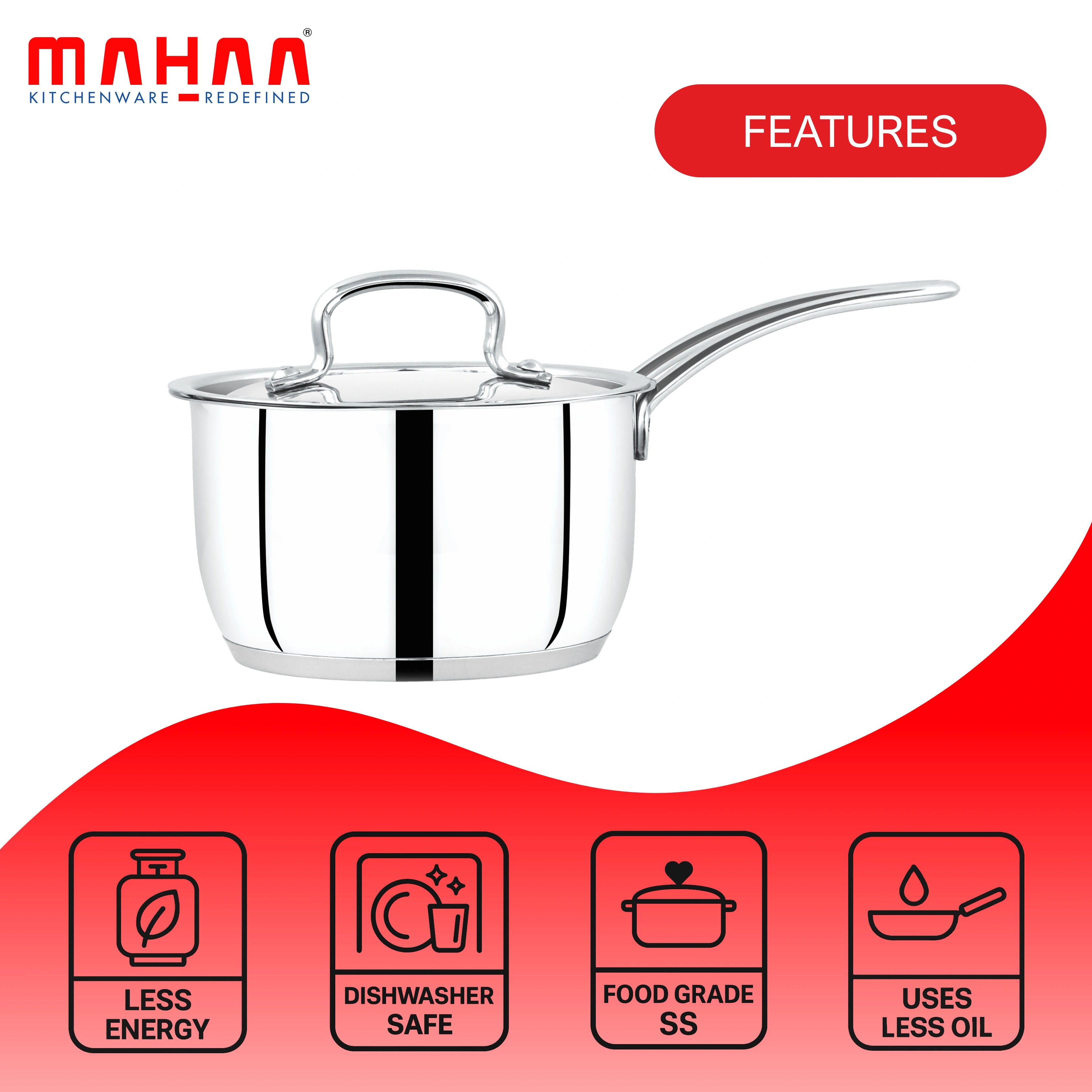 MAHAA Avanti Stainless Steel Sauce Pan – Premium Quality with Snug-Fit Lid | Tri Ply Base | Non-stick | Gas & Induction Compatible | Cool-Touch Handle | 1.2L to 3.6L | Free ₹300 SS Water Bottle