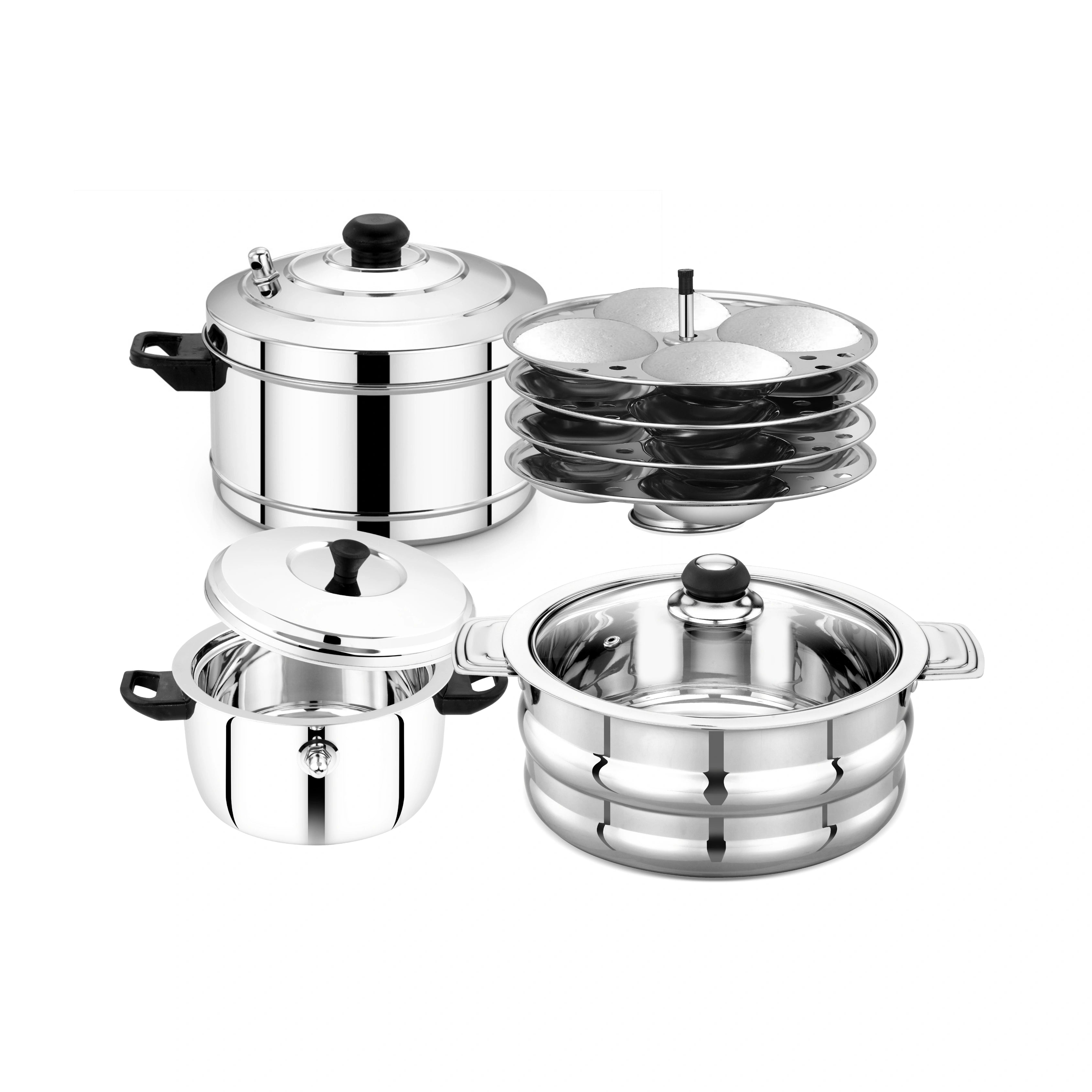 MAHAA Stainless Steel Combo 4-Plate Idly Cooker + 2L Milk Boiler with Whistle + 1.5L See-Through Hotpot | Induction Compatible & Dishwasher Safe