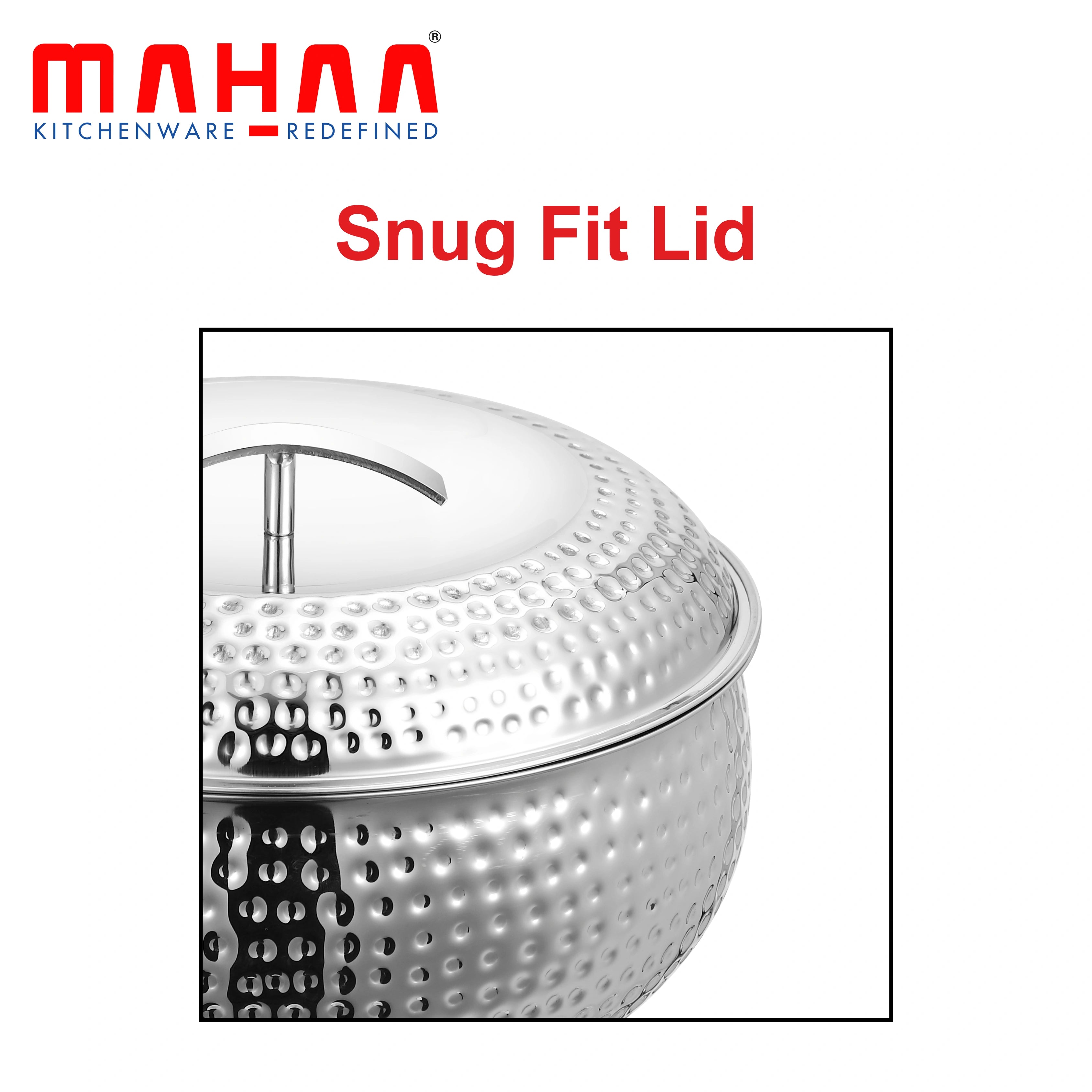 MAHAA Curve Premium Double Wall Insulated Stainless Steel Casserole - Hot Pot for Roti-Rice-Gravy-Curry | Hammered Finish | Silver Hot Box with Snug Fit Lid Lid | Retains Temperature, Twist Lock |