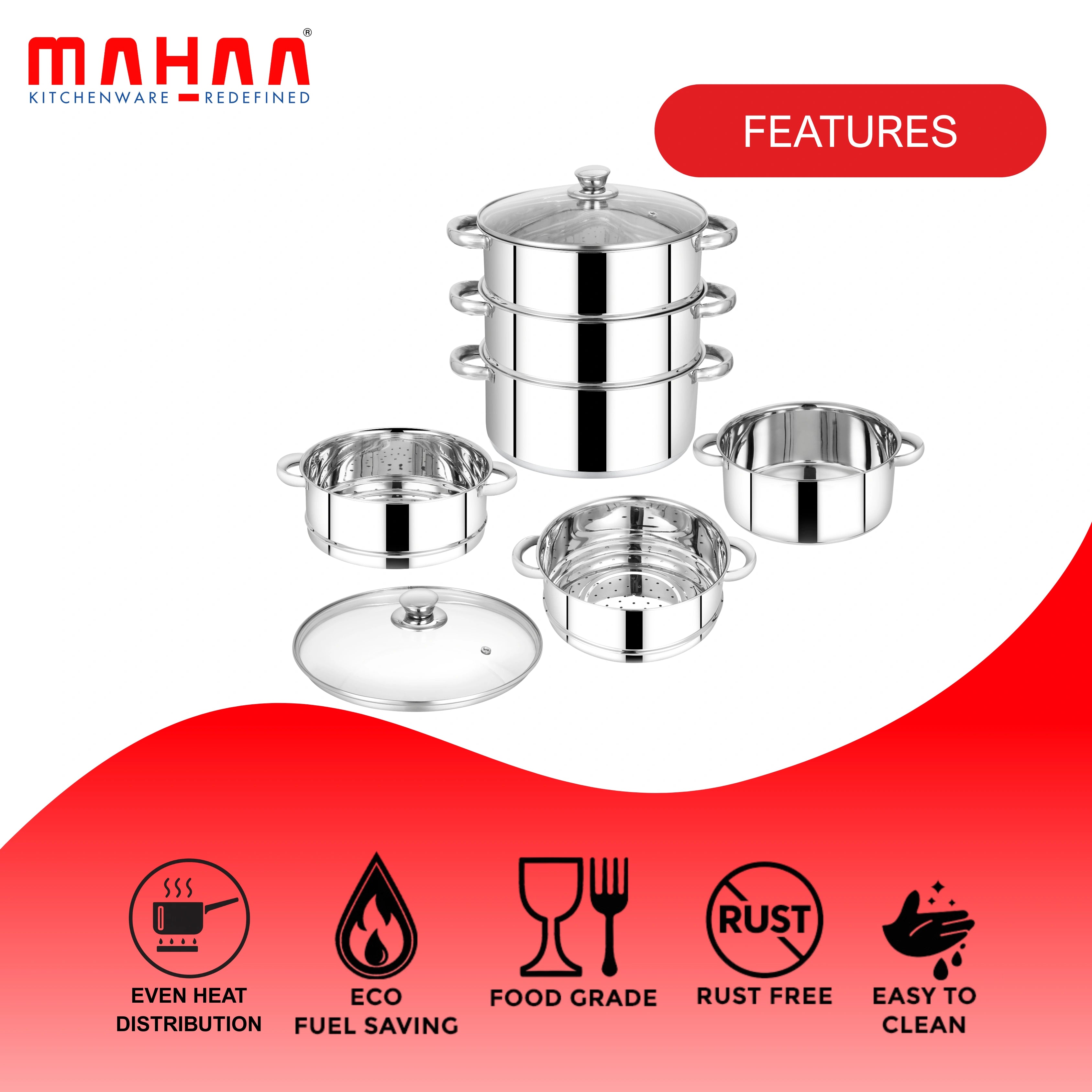 MAHAA Stainless Steel 3-Tier Utena Smart Steamer for Idlis, Momos & Vegetables | Tri Ply Base | Induction & Gas Compatible | Food-Grade SS | Easy to Clean (18CM / 20CM)