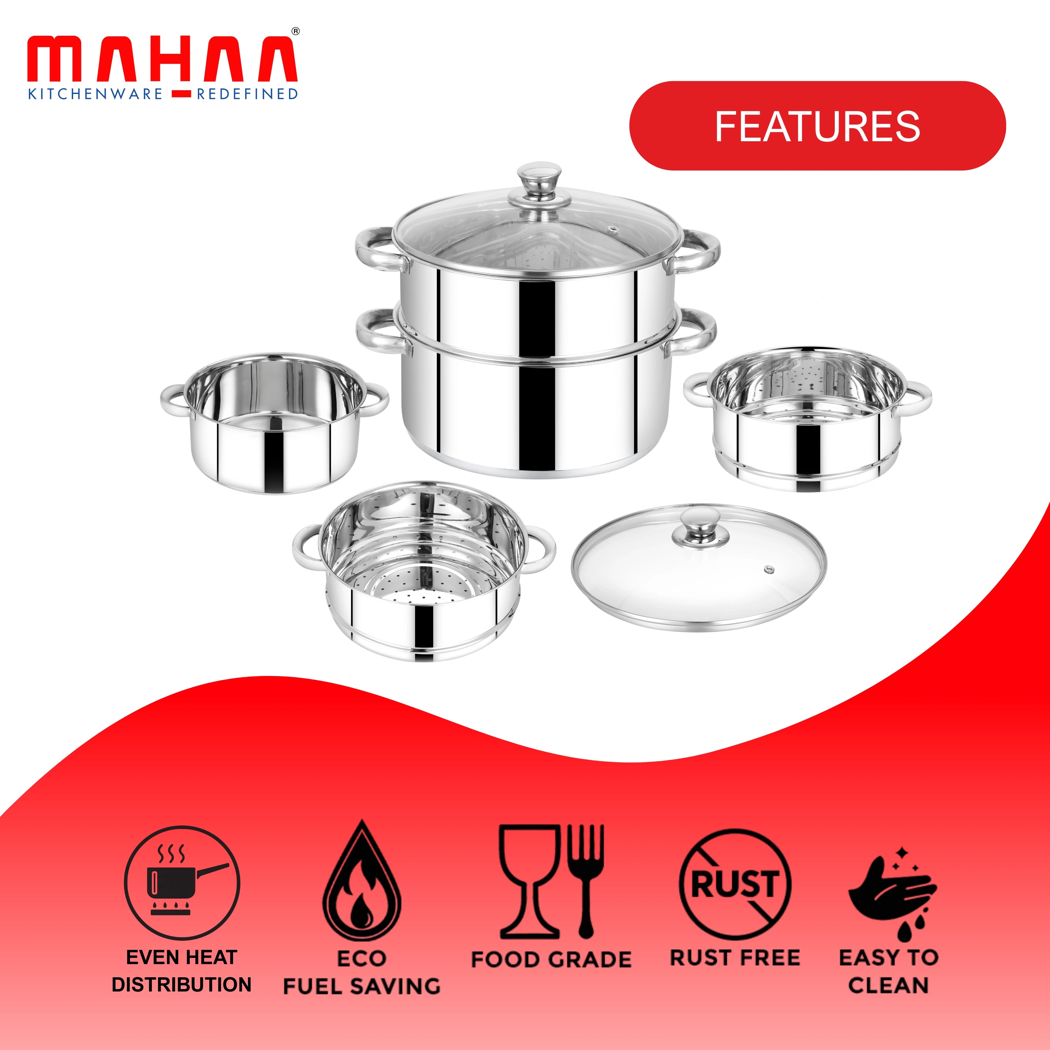 MAHAA Stainless Steel 2-Tier Utena Smart Steamer for Idlis, Momos & Vegetables | Tri Ply Base | Induction & Gas Compatible | Food-Grade SS | Easy to Clean (18CM / 20CM)