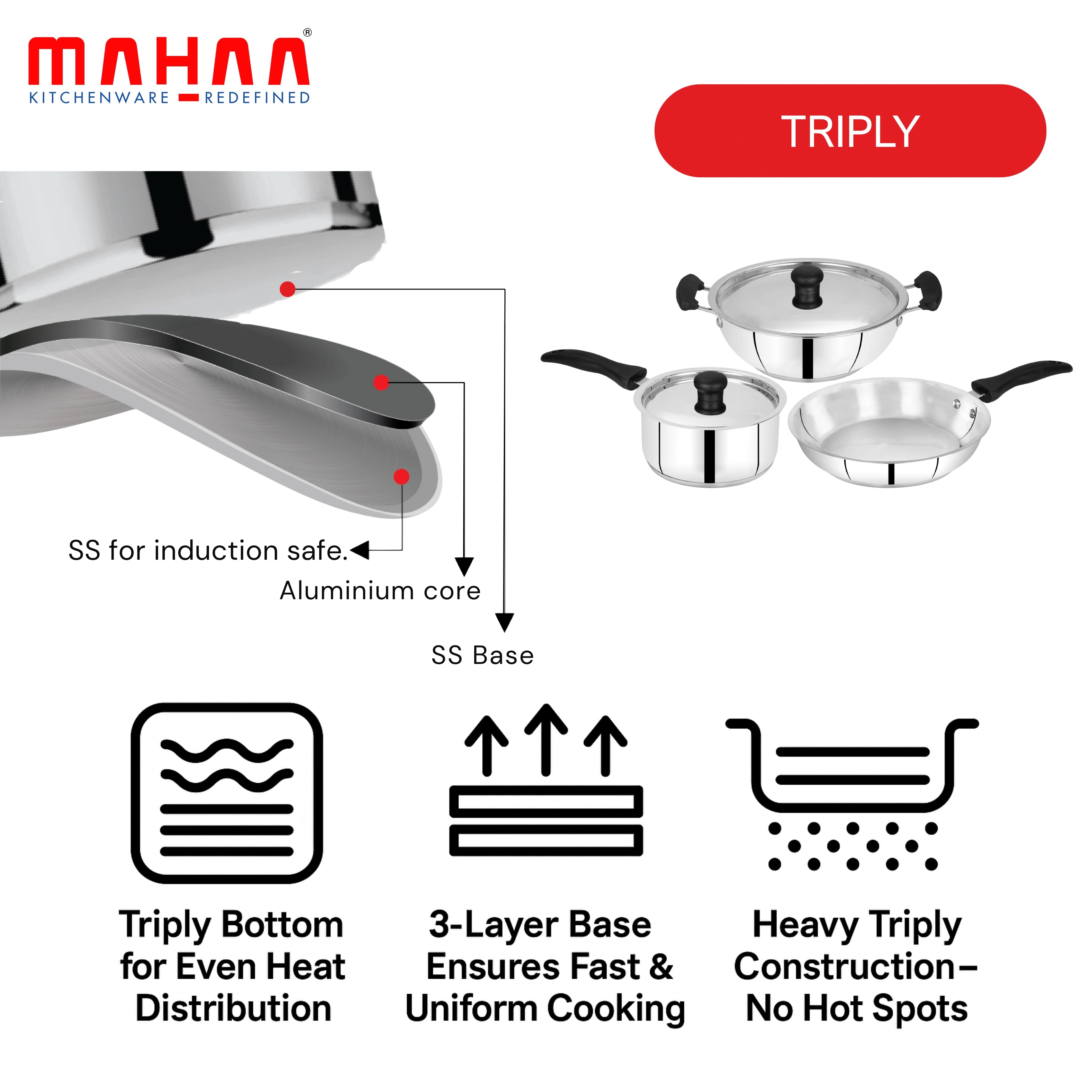 MAHAA Zen Stainless Steel Cookware Combo 5 Pc Set: Kadai  + Lid, Tea/Milk Pan + Lid, Fry Pan | Tri Ply Base | Non-stick | Gas & Induction Compatible | StayCool+ Handle and Knob| Gift Set