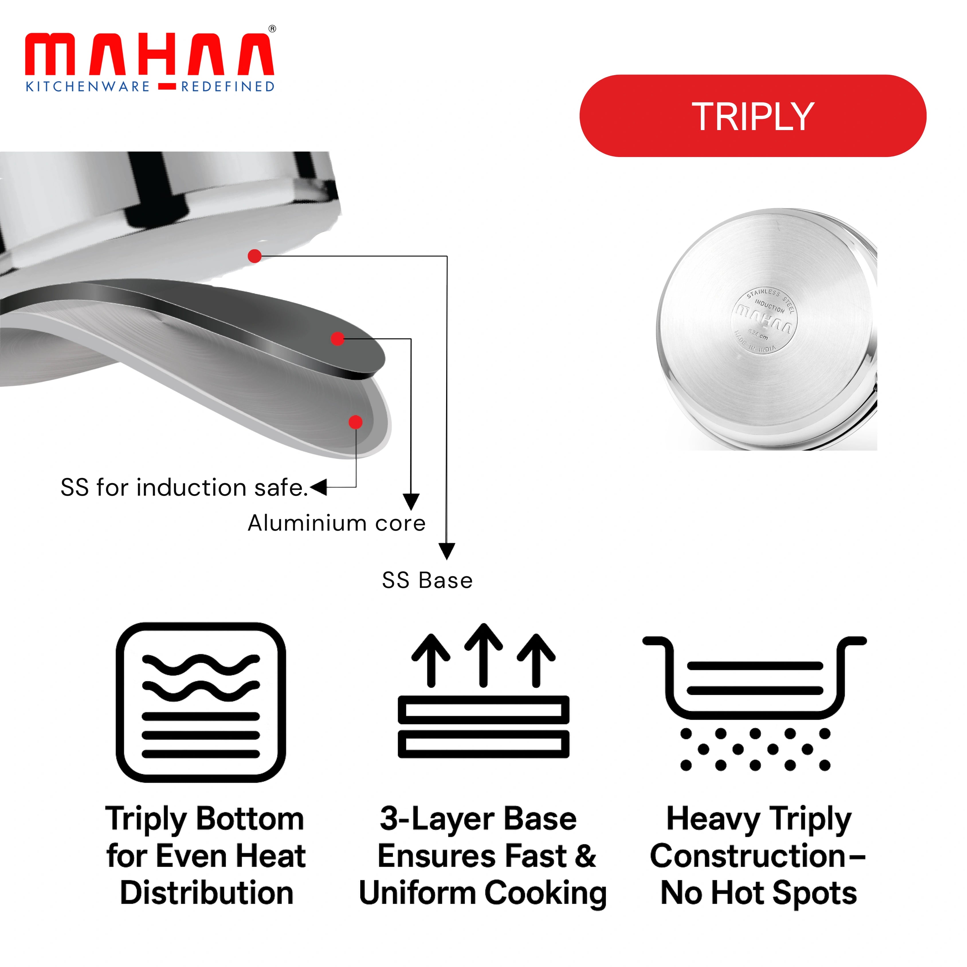 MAHAA Avanti Stainless Steel Tope 3 Pc Set – Premium Quality | Multipurpose Cook & Serve Handi | Tri Ply Base | Non-stick | Gas & Induction Compatible | 12 CM + 14 CM + 16 CM